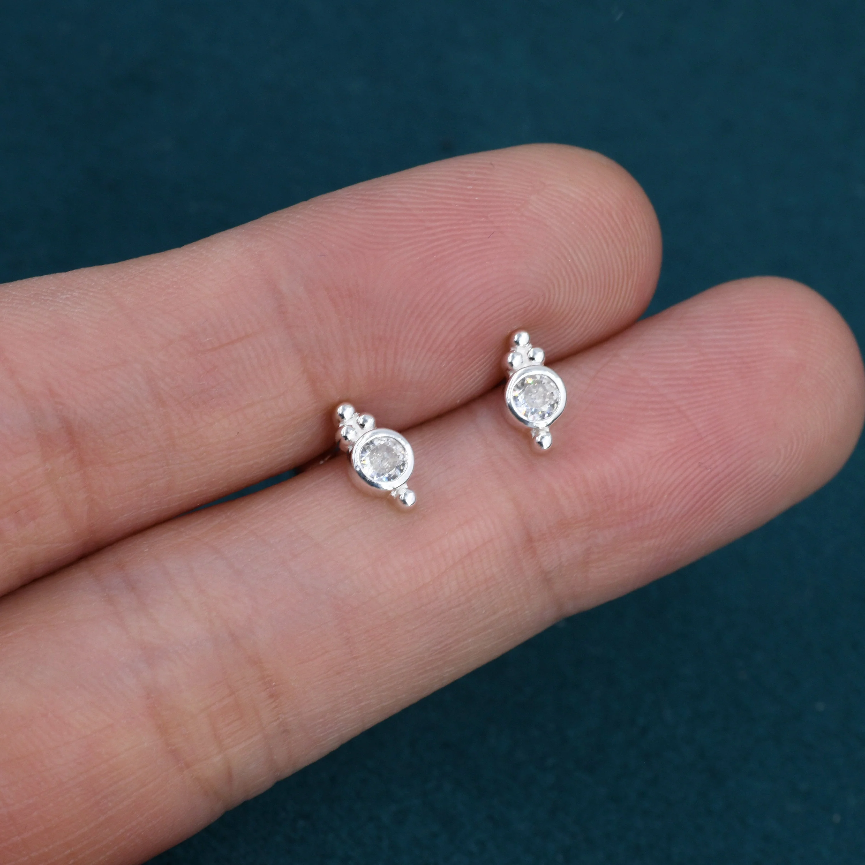 Extra Tiny CZ Crystal with Dot Trio Stud Earrings, Dot Earrings, Sparkly Earrings, Minimalist Extra Small earrings - Image 3