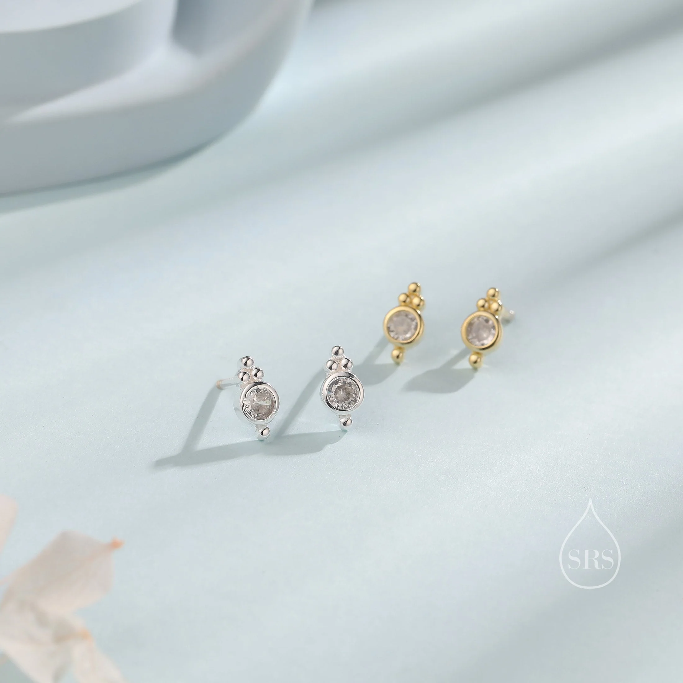 Extra Tiny CZ Crystal with Dot Trio Stud Earrings, Dot Earrings, Sparkly Earrings, Minimalist Extra Small earrings - Image 4