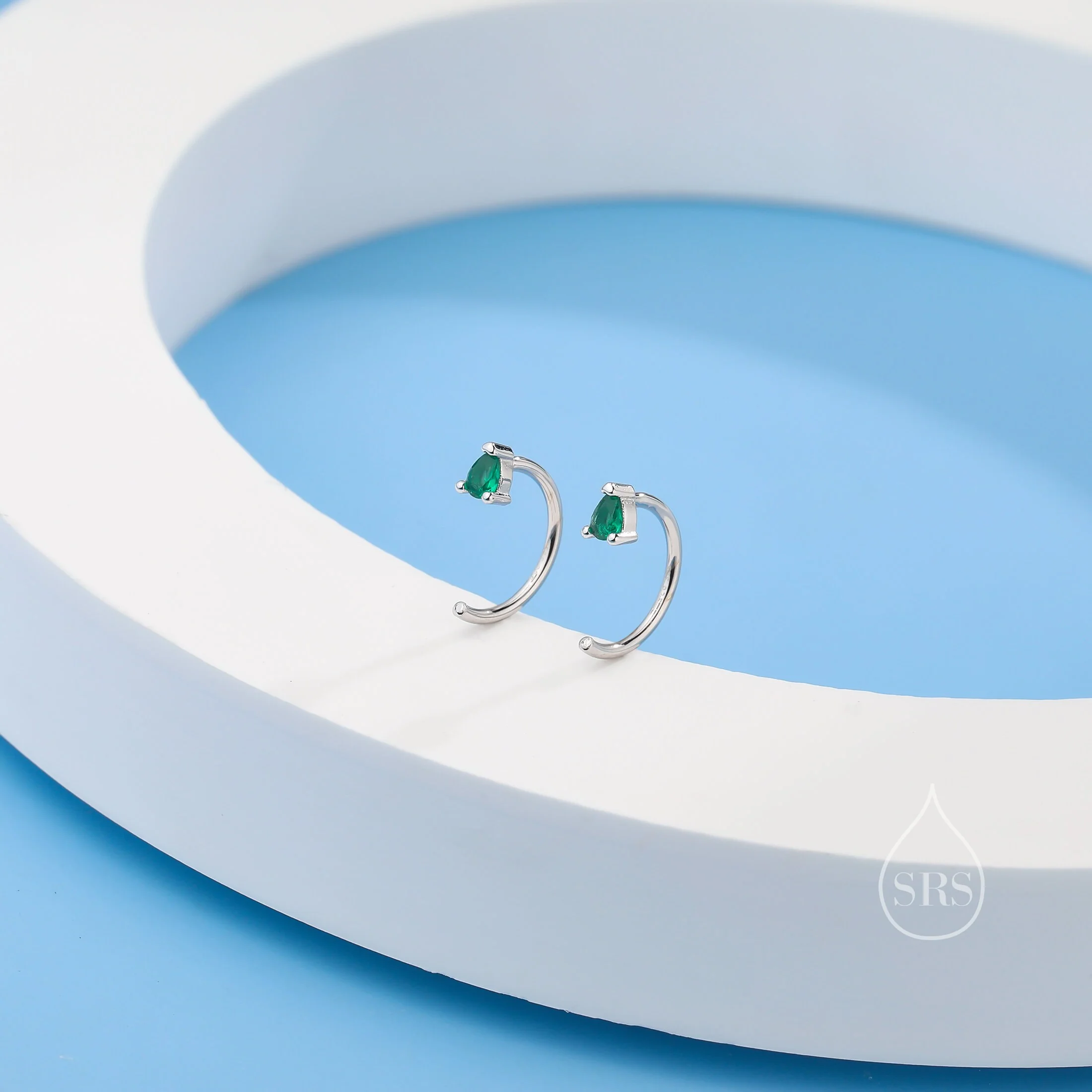 Extra Tiny CZ Droplet Huggie Hoop Earrings in Sterling Silver, Available in 5 Colours, Tiny Pear Cut CZ Open Hoops, Pull Through Threaders - Image 5