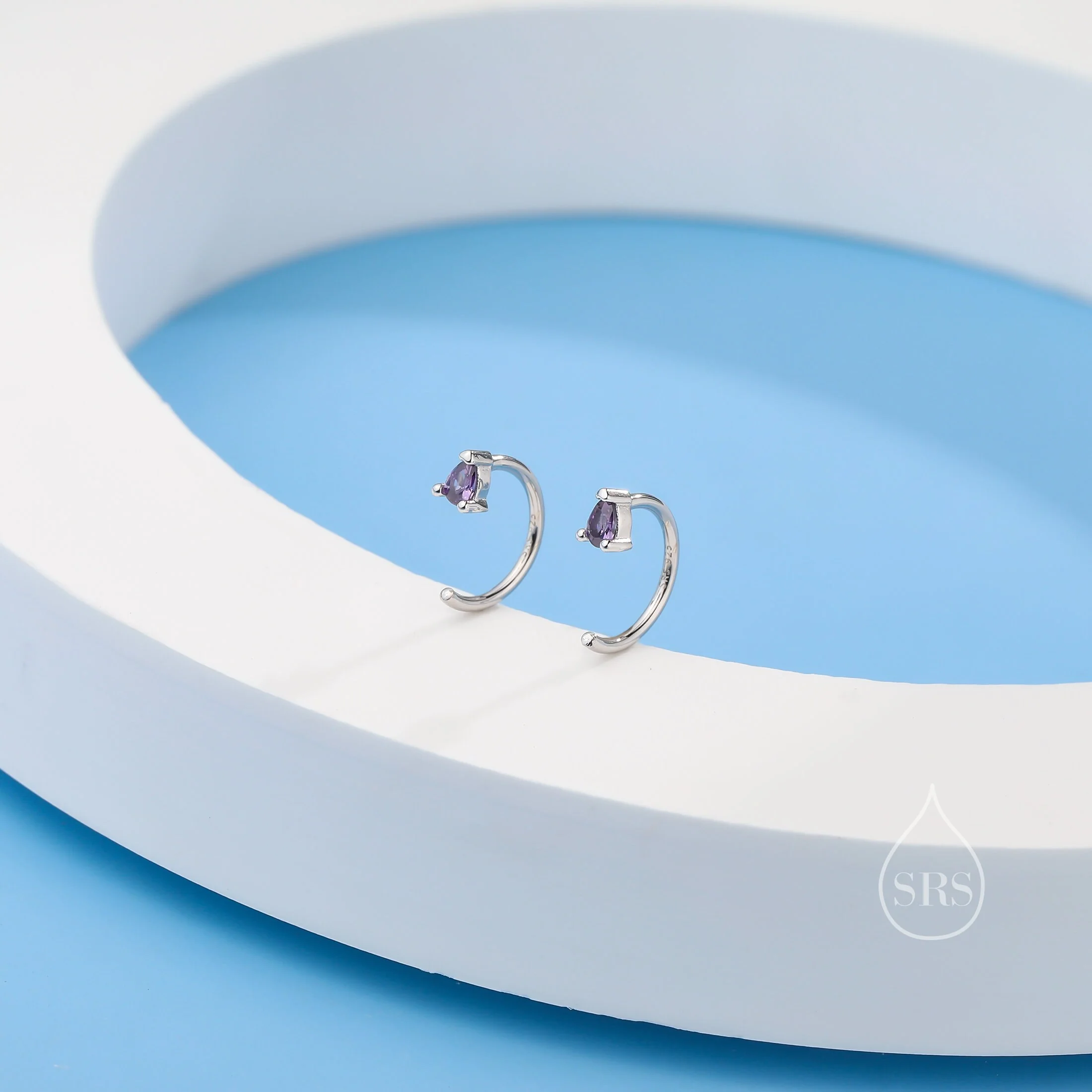 Extra Tiny CZ Droplet Huggie Hoop Earrings in Sterling Silver, Available in 5 Colours, Tiny Pear Cut CZ Open Hoops, Pull Through Threaders - Image 6