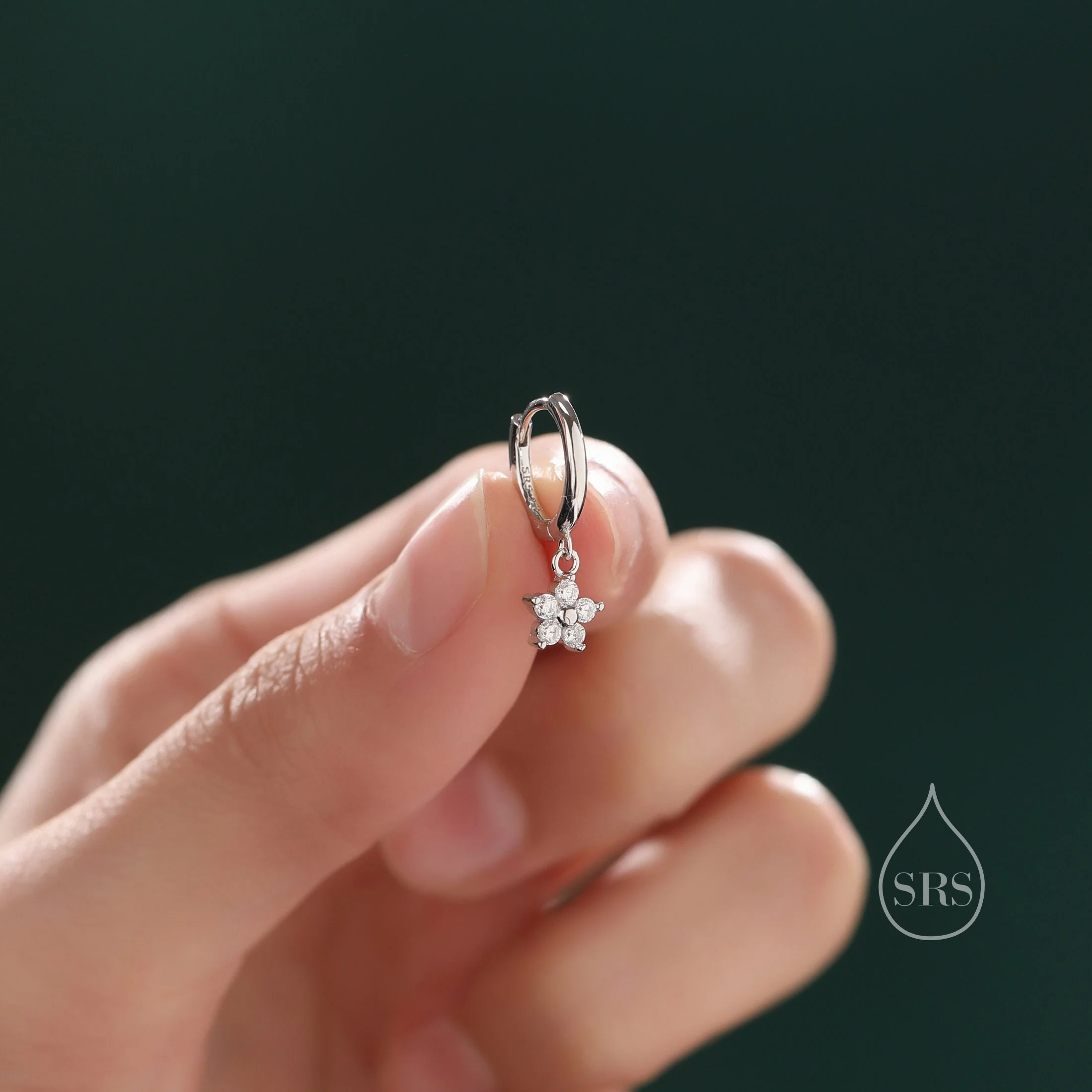 Extra Tiny CZ Flower Huggie Hoop Earrings in Sterling Silver, Silver or Gold or Rose Gold, CZ Flower Earrings, Small CZ Flower Huggies - Image 2