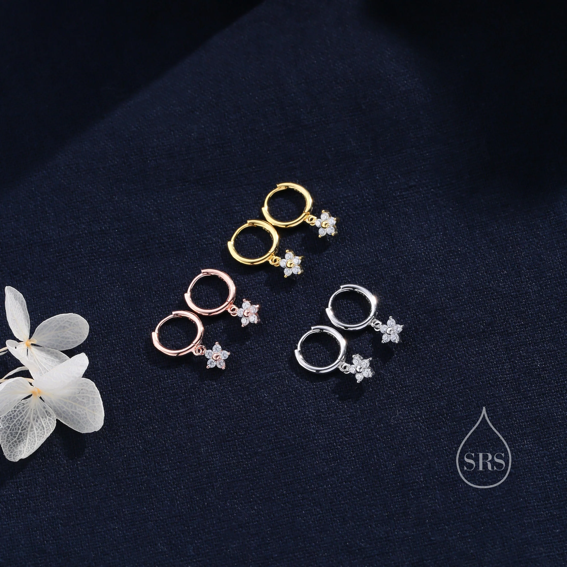 Extra Tiny CZ Flower Huggie Hoop Earrings in Sterling Silver, Silver or Gold or Rose Gold, CZ Flower Earrings, Small CZ Flower Huggies - Image 5