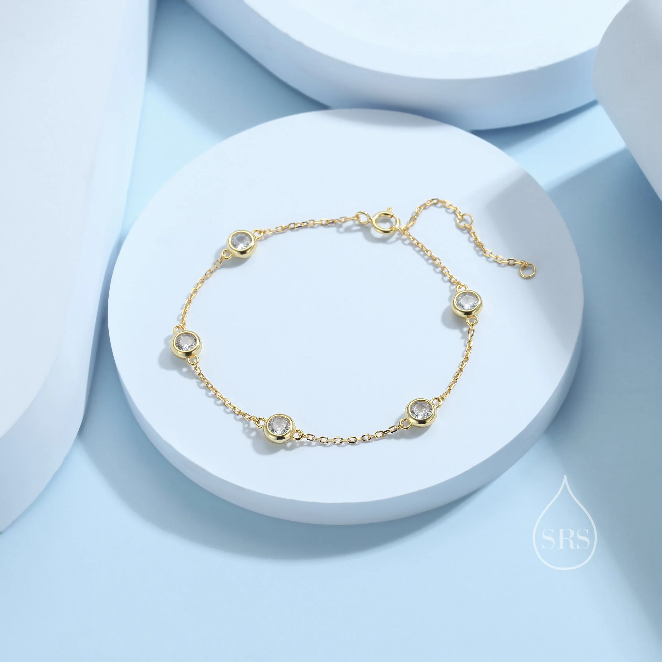 Extra Tiny CZ Motif Bracelet in Sterling Silver, Silver or Gold or Rose Gold, Single CZ Bracelet, Clear or Green, Tiny Delicate Bracelet - Image 3