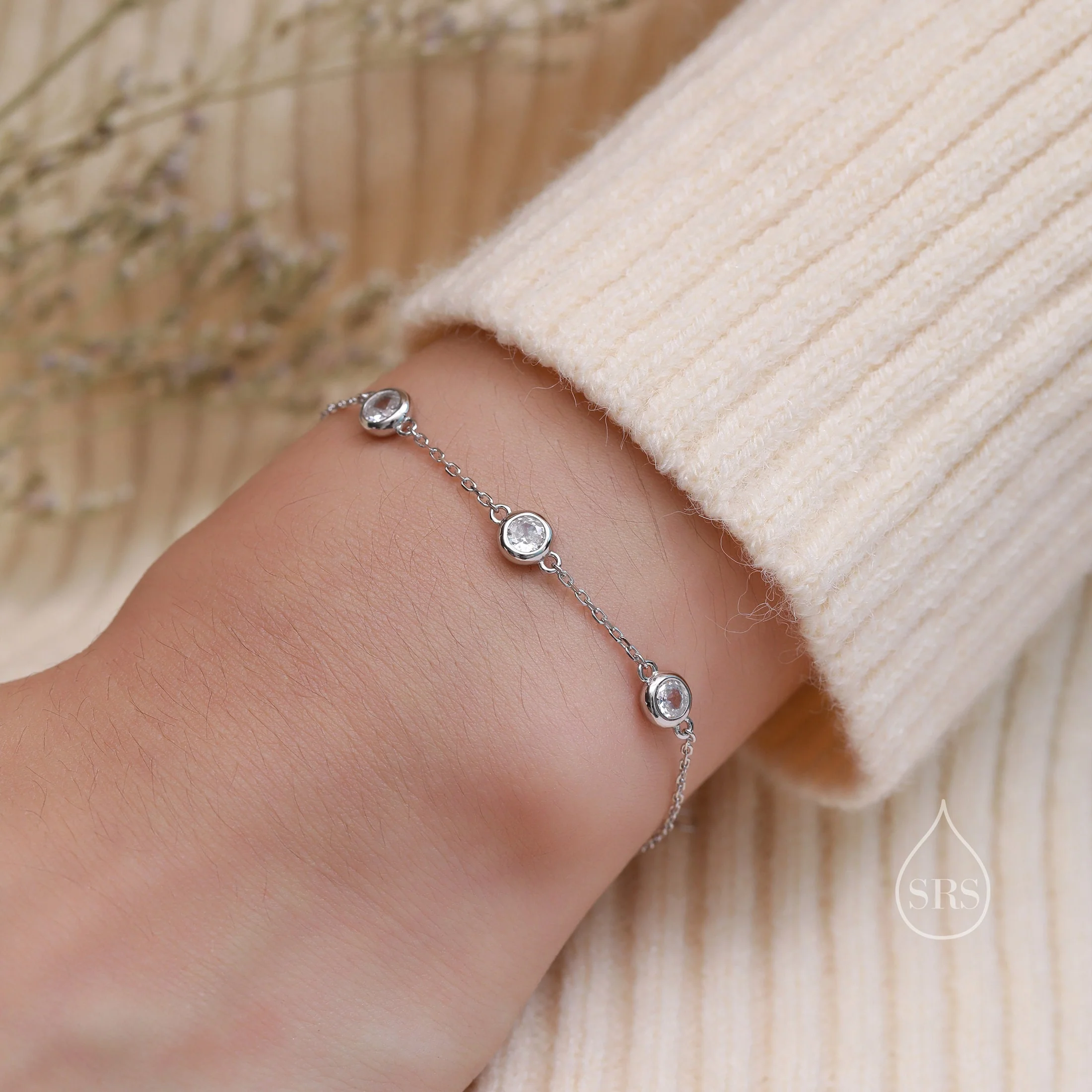 Extra Tiny CZ Motif Bracelet in Sterling Silver, Silver or Gold or Rose Gold, Single CZ Bracelet, Clear or Green, Tiny Delicate Bracelet - Image 6
