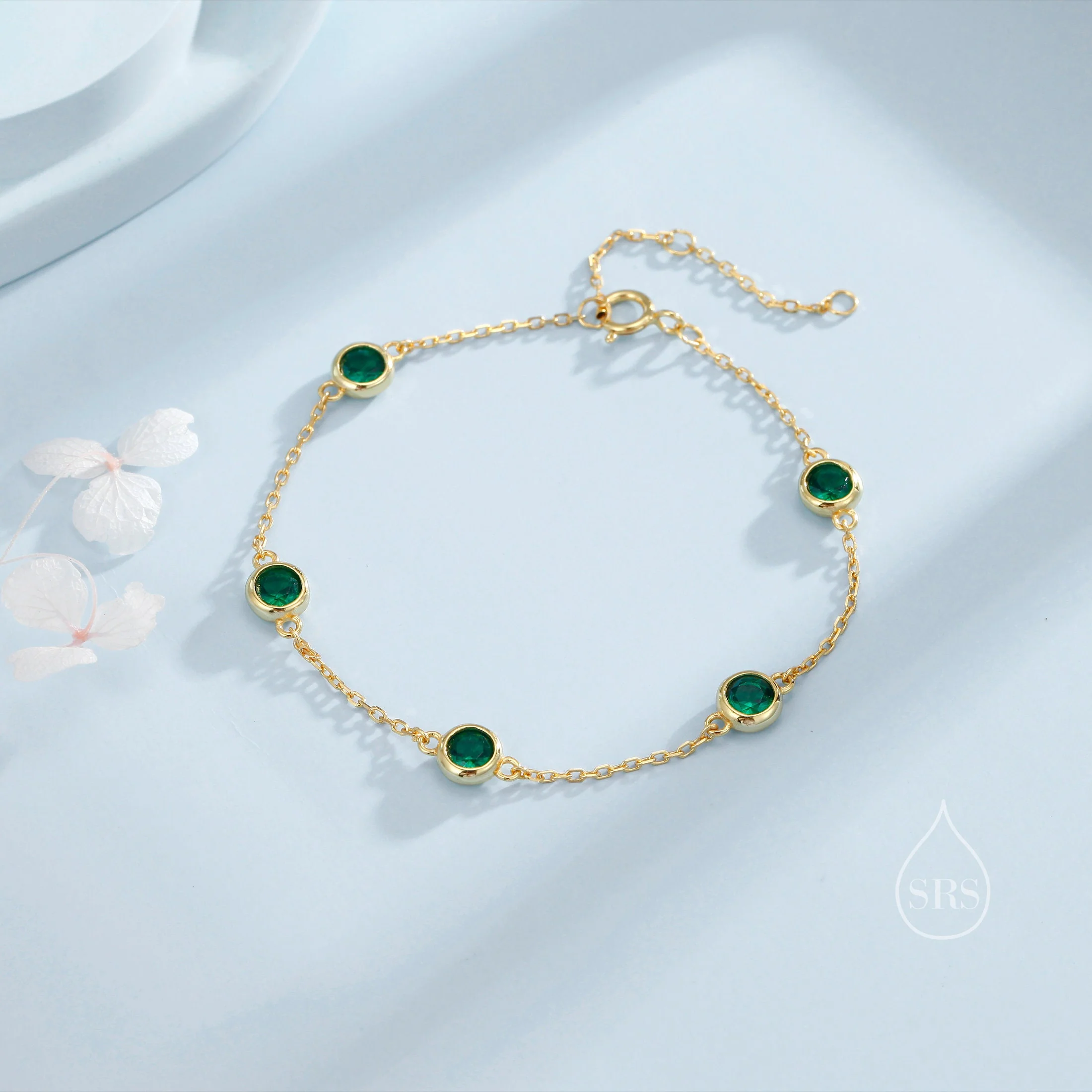 Extra Tiny CZ Motif Bracelet in Sterling Silver, Silver or Gold or Rose Gold, Single CZ Bracelet, Clear or Green, Tiny Delicate Bracelet - Image 2
