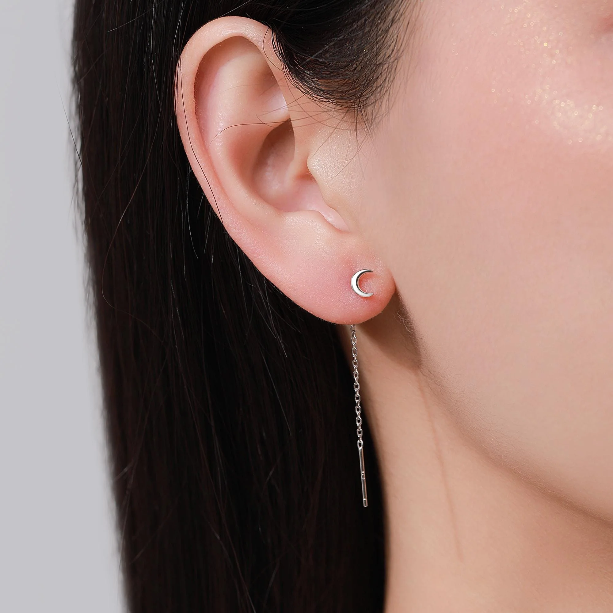 Extra Tiny CZ Starburst and Moon Threader Earrings in Sterling Silver, Silver or Gold or Rose Gold, North Star Ear Threaders, Star Threaders - Image 3