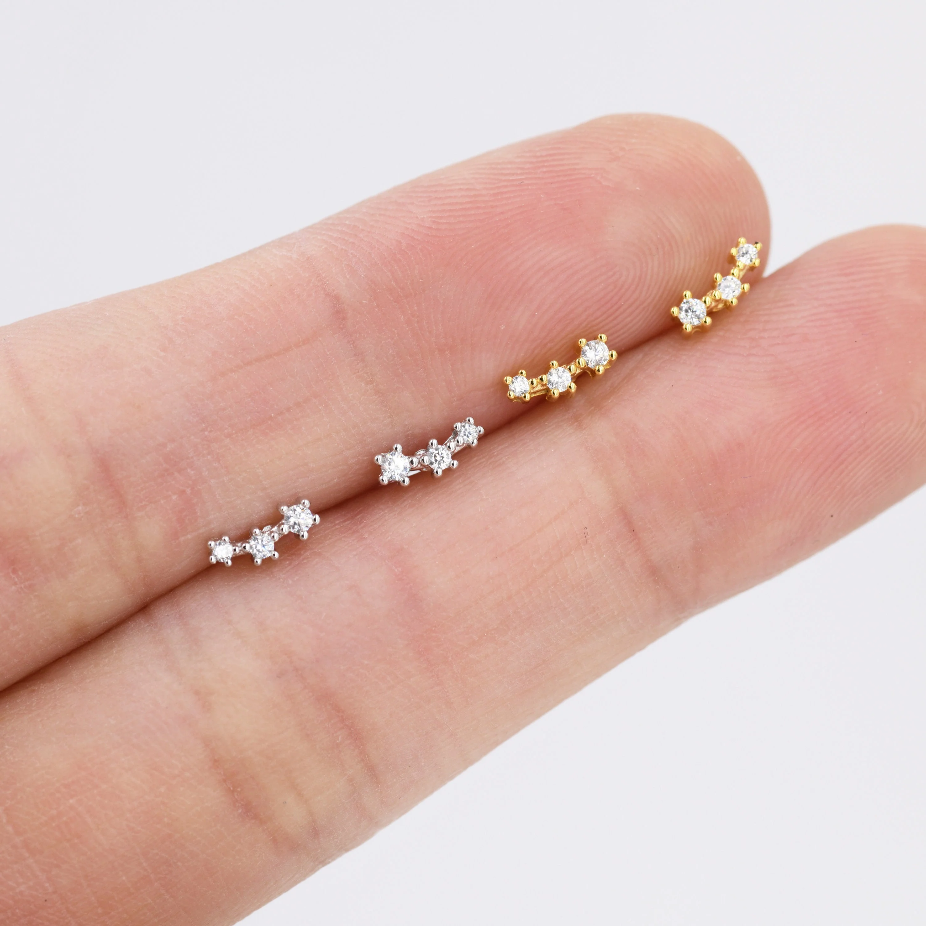 Extra Tiny CZ Trio Stud Earrings in Sterling Silver, Silver or Gold, Geometric Tiny Three Star CZ Earrings, Stacking Earrings - Image 3