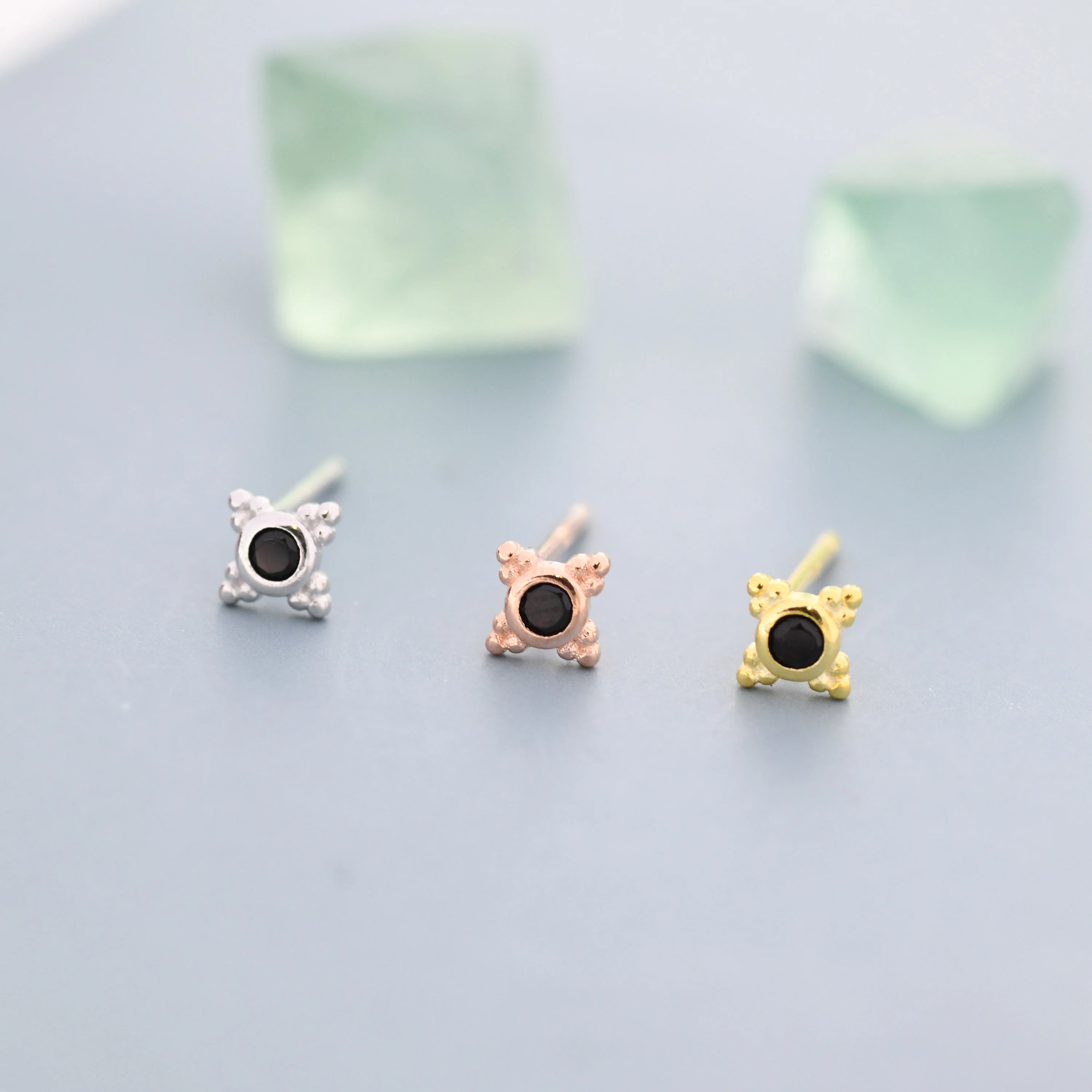 Extra Tiny Dotted Cluster Black CZ Stud Earrings in Sterling Silver, Gold or Silver or Rose Gold, Four Cluster Earrings, Stacking Earrings - Image 4