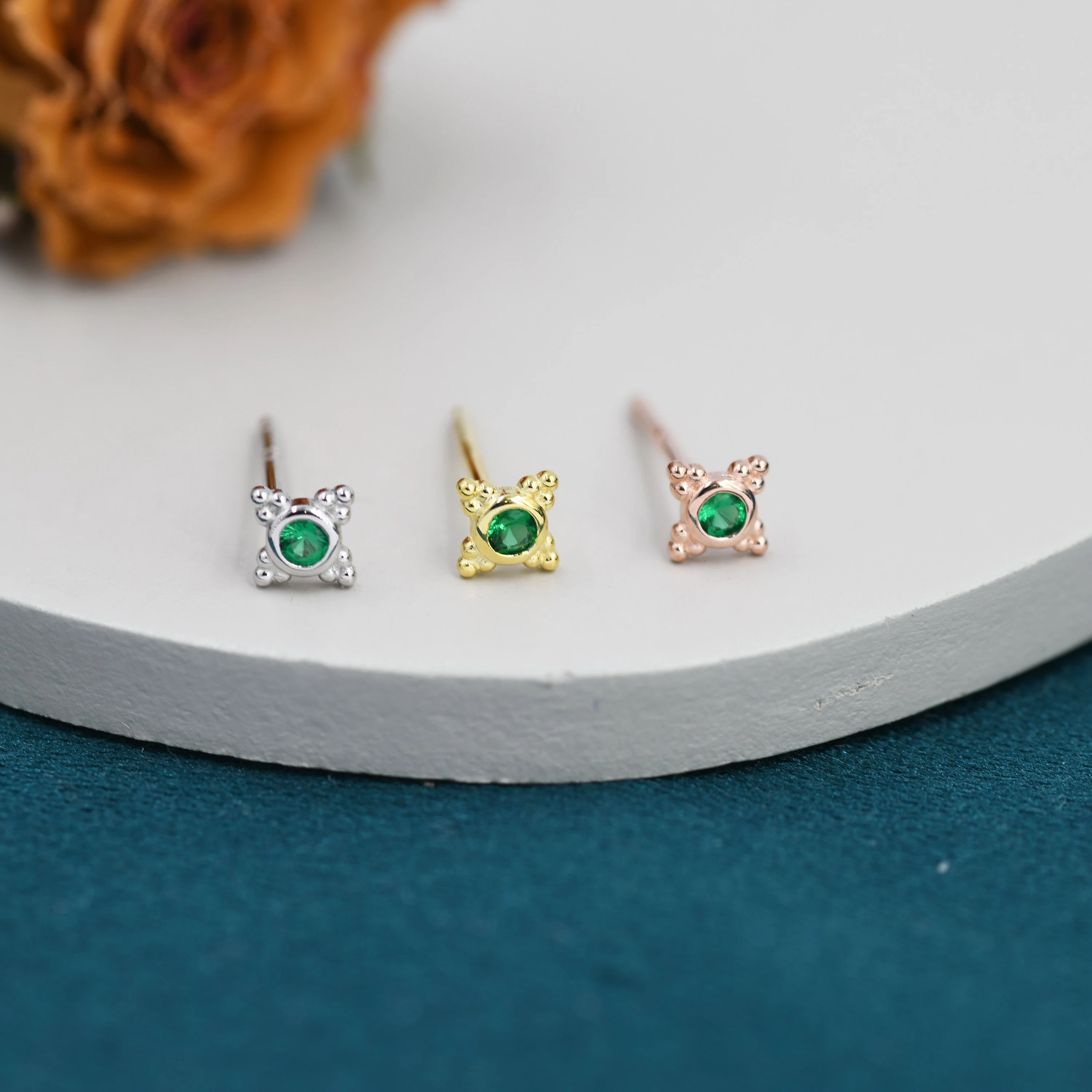 Extra Tiny Dotted Cluster Emerald Green CZ Stud Earrings in Sterling Silver, Gold or Silver or Rose Gold, Four Cluster Earrings - Image 2
