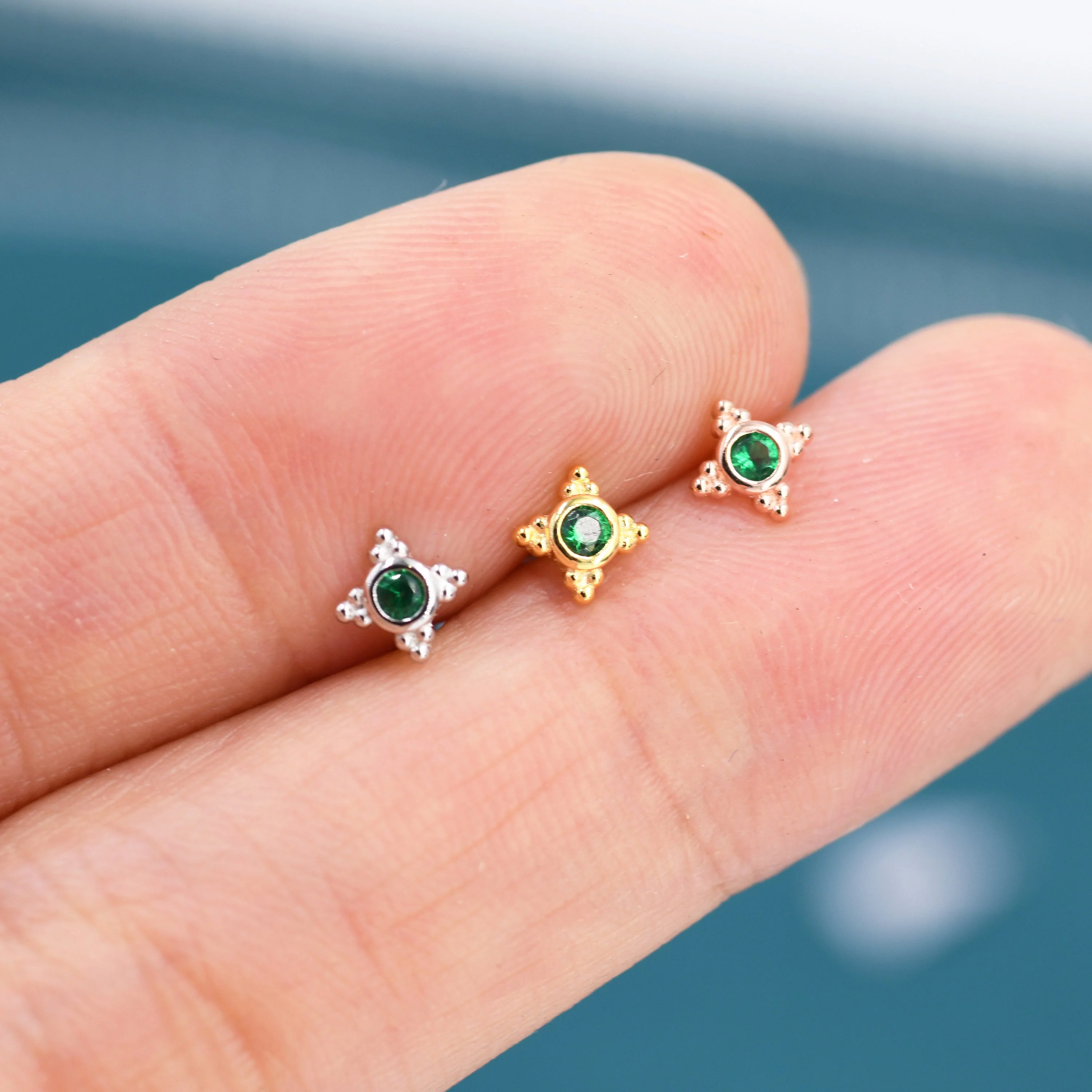 Extra Tiny Dotted Cluster Emerald Green CZ Stud Earrings in Sterling Silver, Gold or Silver or Rose Gold, Four Cluster Earrings - Image 3