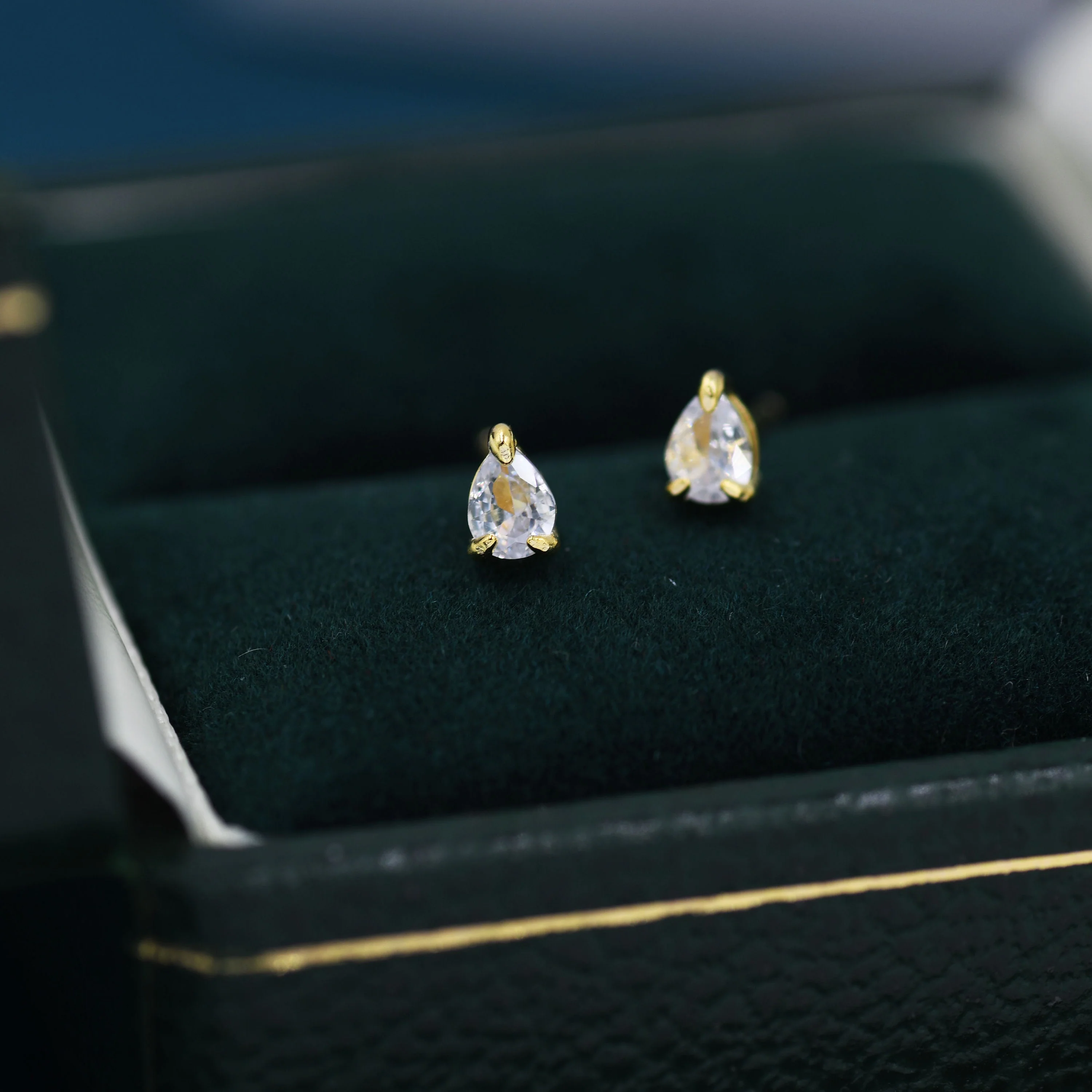 Extra Tiny Droplet CZ Stud Earrings in Sterling Silver, Tiny Pear Cut CZ Stud Earrings, Silver or Gold - Image 2