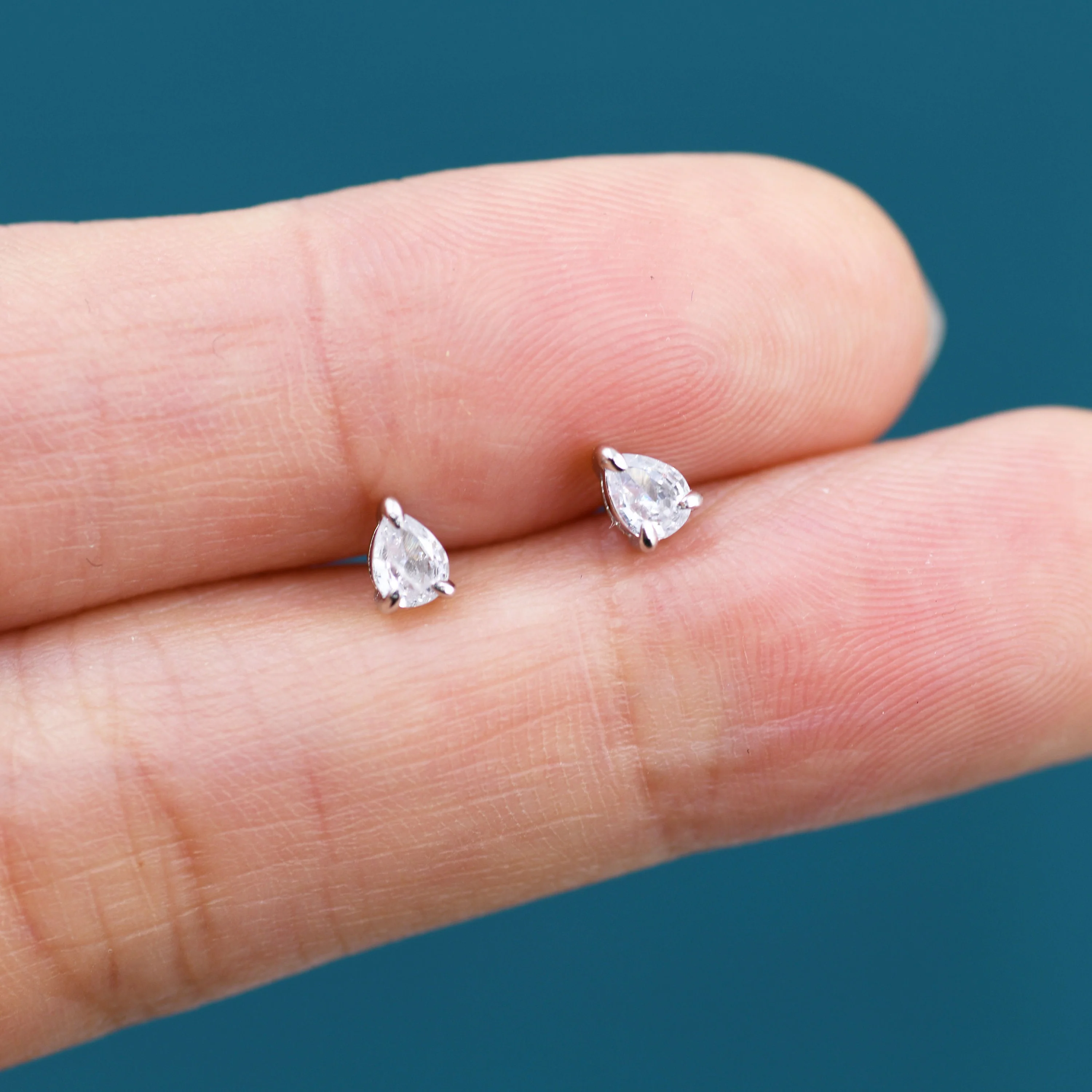 Extra Tiny Droplet CZ Stud Earrings in Sterling Silver, Tiny Pear Cut CZ Stud Earrings, Silver or Gold - Image 6