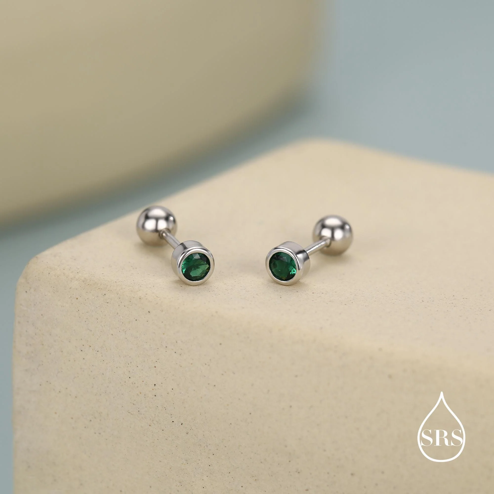 Extra Tiny Emerald Green CZ Screw Back Earrings in Sterling Silver, Silver or Gold, Stacking Earrings, Barbell Earrings - Image 3