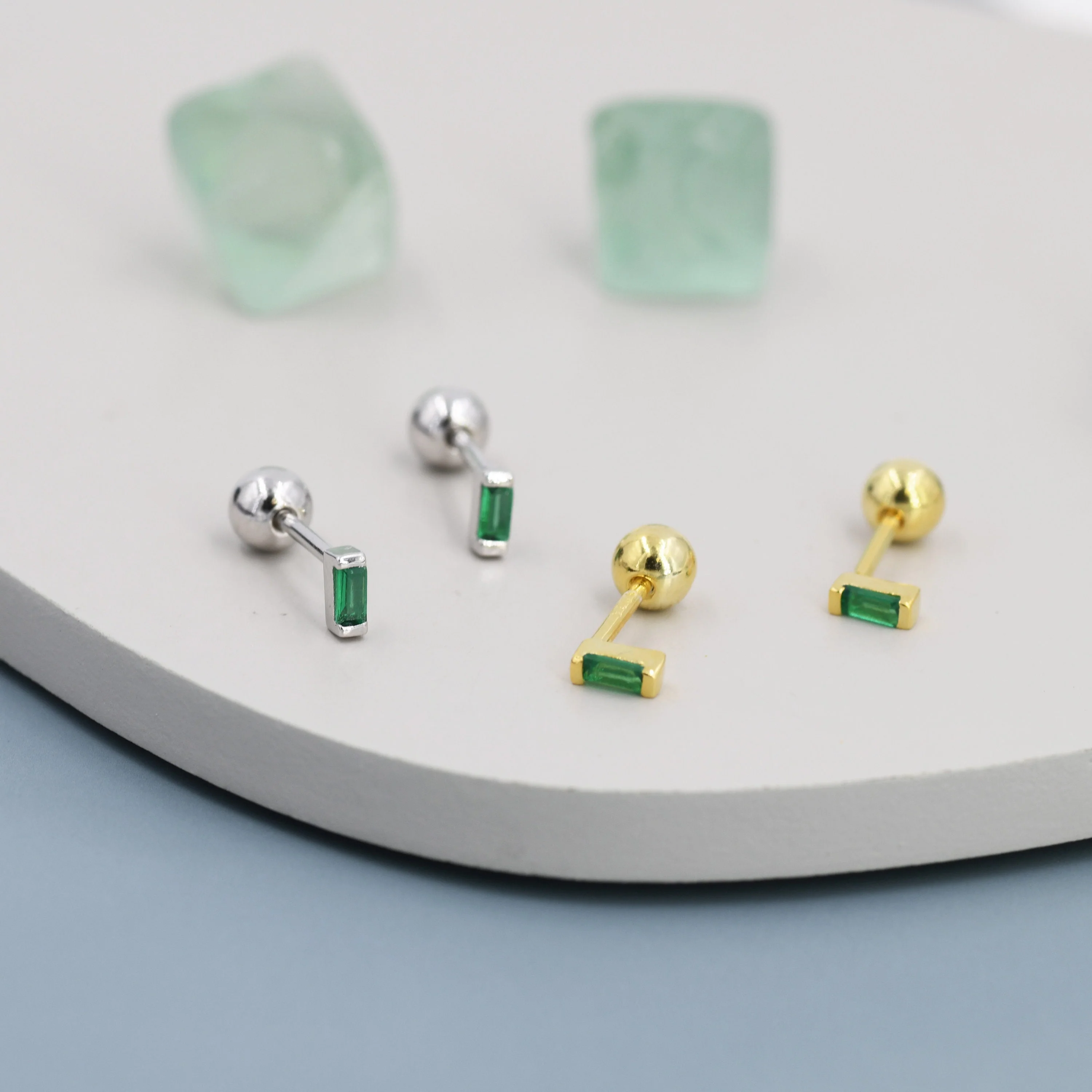 Extra Tiny Emerald Green Baguette CZ Screw Back Earrings in Sterling Silver, Silver or Gold, Stacking Earrings, Barbell Earrings - Image 5