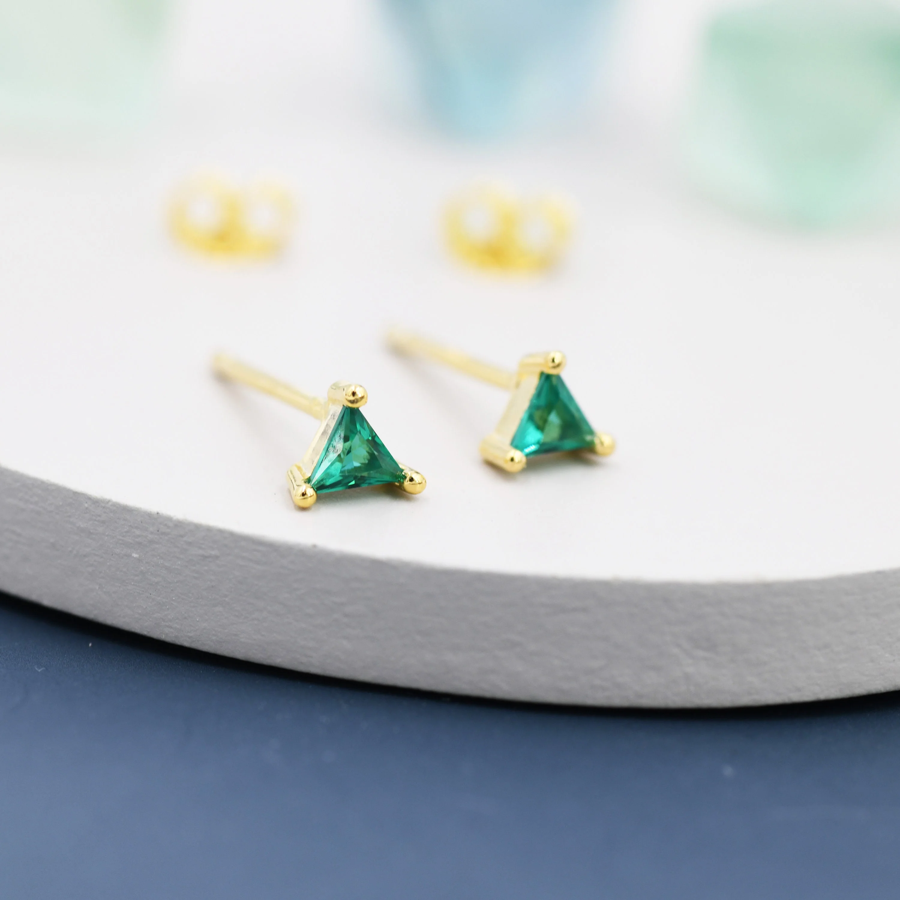 Extra Tiny Emerald Green CZ Triangle Stud Earrings in Sterling Silver, Silver or Gold, Dainty Earrings,  Stacking Earrings, CZ Crystal Stud - Image 4
