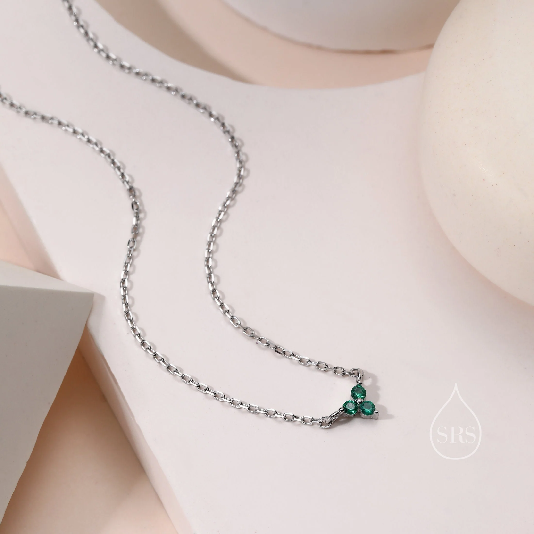 Extra Tiny Emerald Green CZ Trio Pendant Necklace in Sterling Silver, Available in Clear CZ or Green CZ, Silver or Gold,