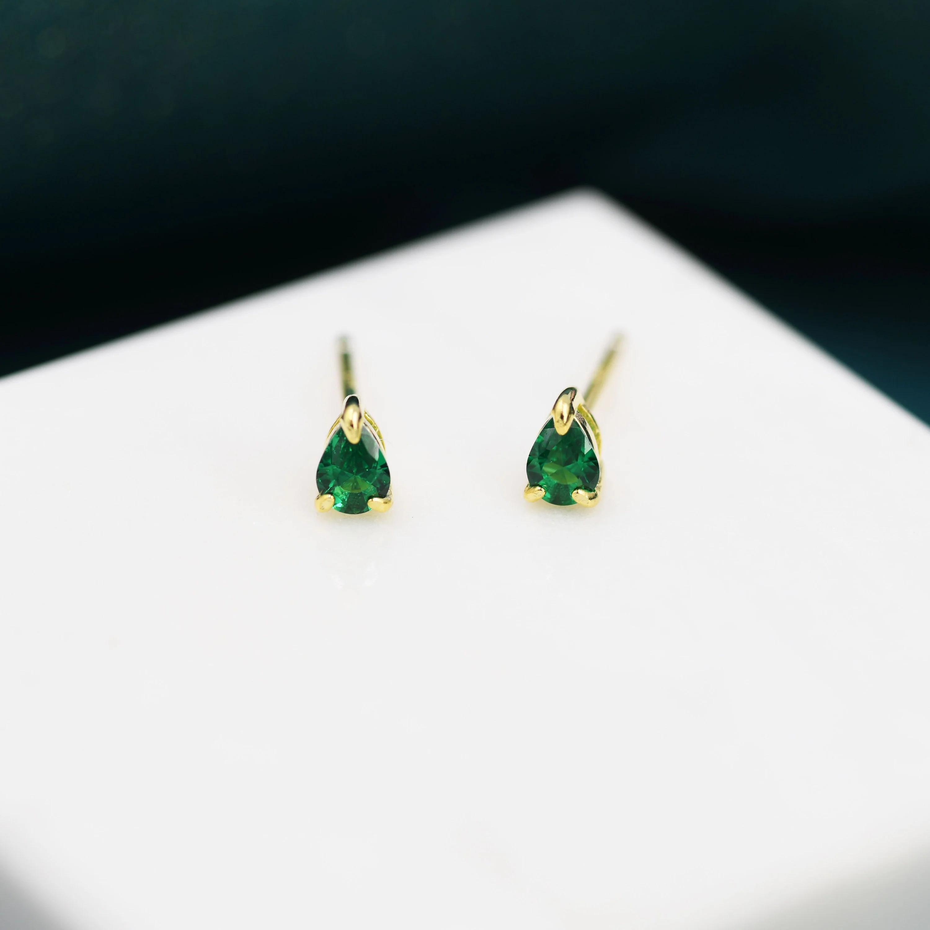 Extra Tiny Emerald Green Droplet CZ Stud Earrings in Sterling Silver, Tiny Pear Cut CZ Stud Earrings, Silver or Gold, May Birthstone - Image 4