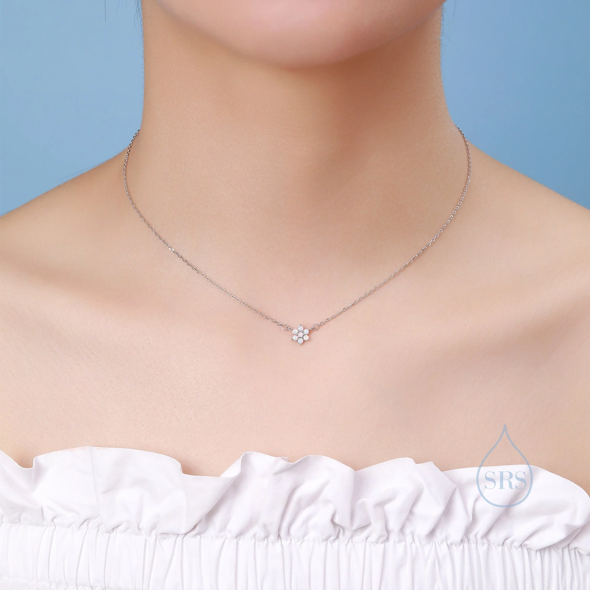 Extra Tiny Fire Opal Flower CZ Pendant Necklace in Sterling Silver, October Birthstone Necklace, Tiny Opal Necklace, Opal Snowflake Necklace - Image 5
