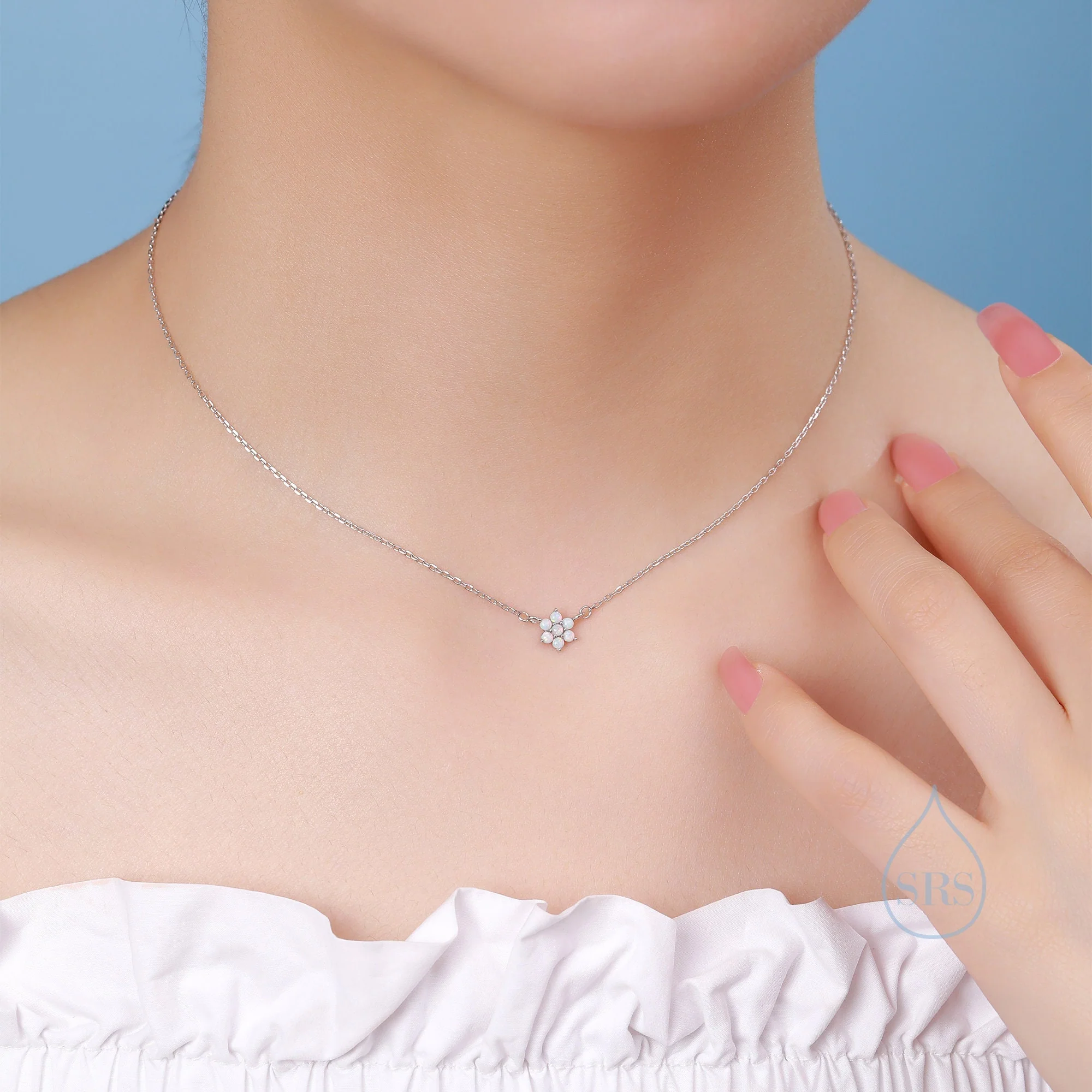 Extra Tiny Fire Opal Flower CZ Pendant Necklace in Sterling Silver, October Birthstone Necklace, Tiny Opal Necklace, Opal Snowflake Necklace - Image 6