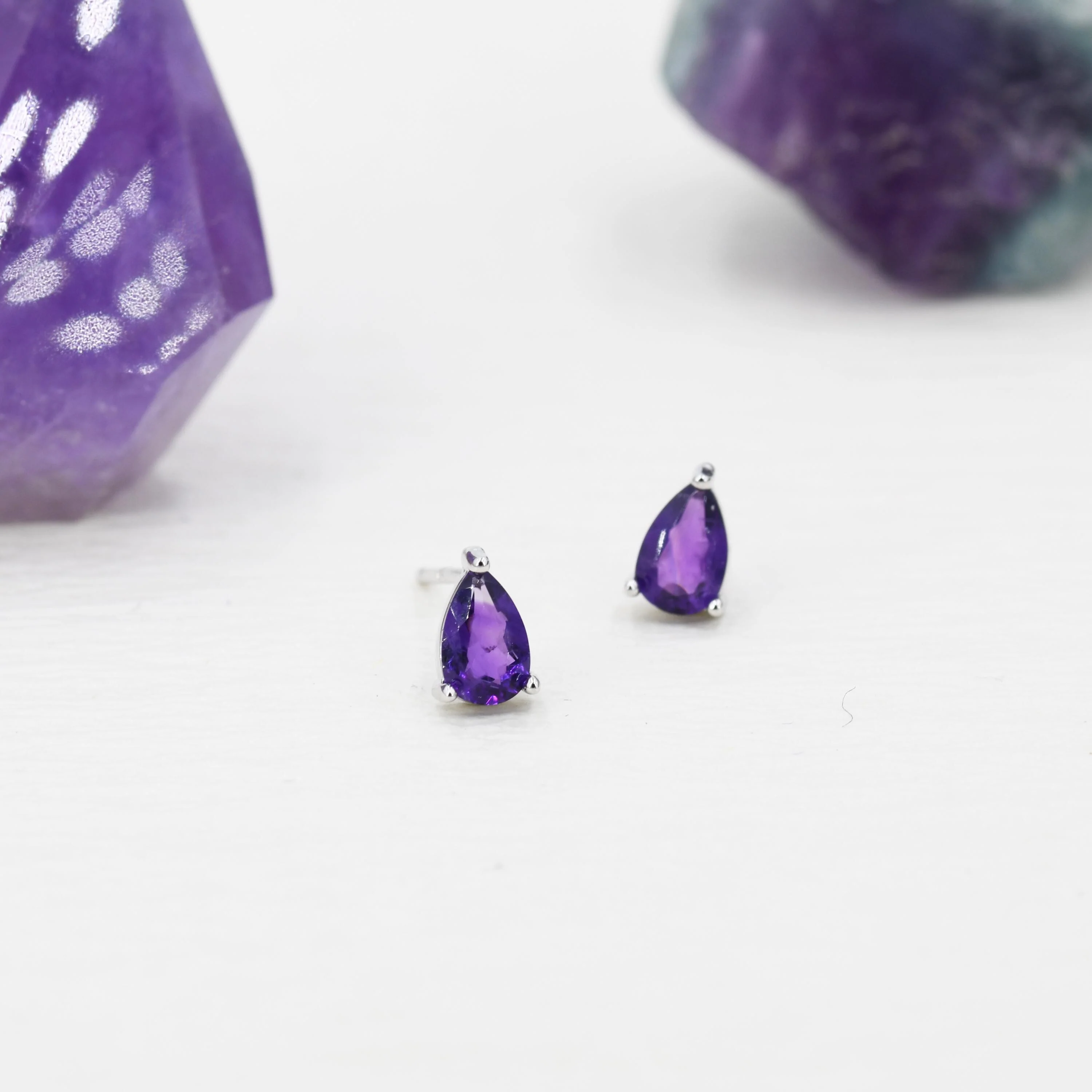 Extra Tiny Genuine Amethyst Droplet Stud Earrings in Sterling Silver, 4x6mm Amethyst Crystal Earrings, Natural Purple Amethyst Pear Earrings - Image 2