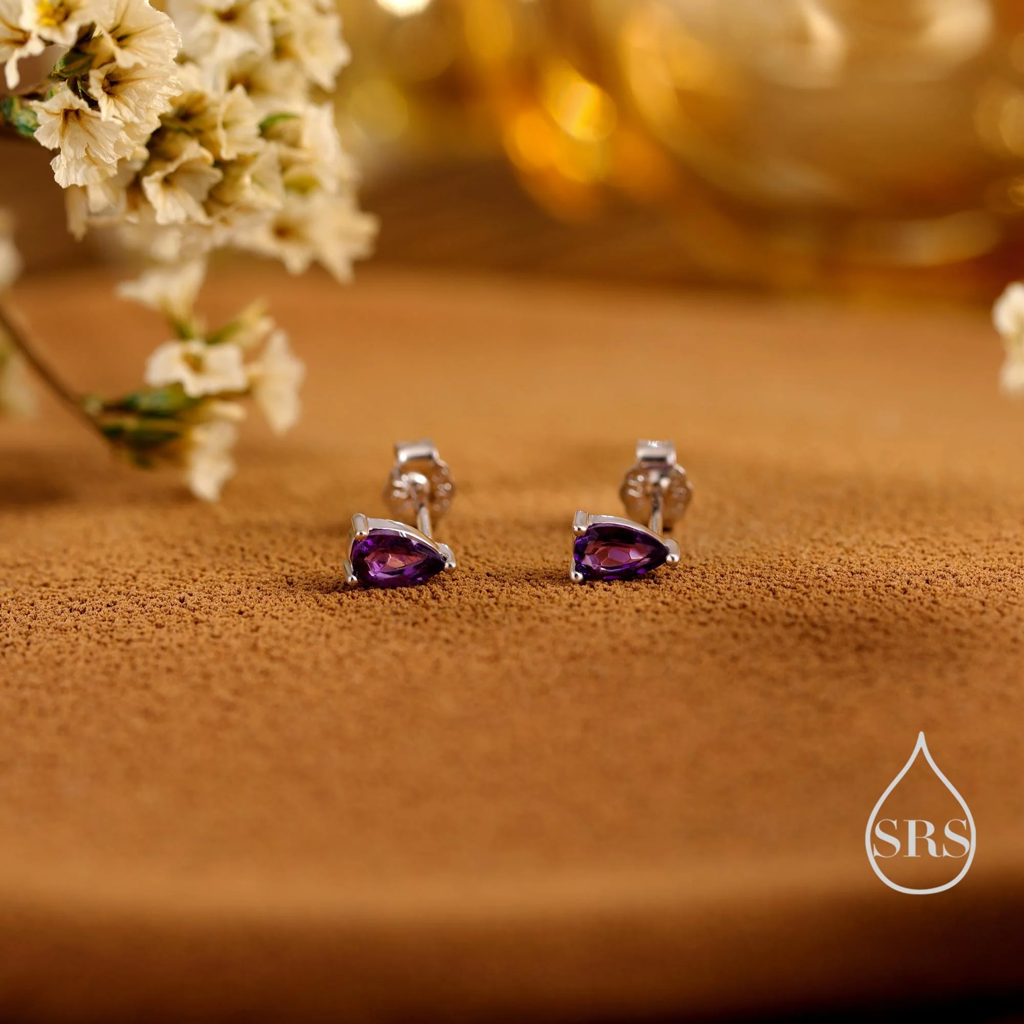 Extra Tiny Genuine Gemstone Droplet Stud Earrings in Sterling Silver, 4x6mm Amethyst Crystal Earrings, Natural Crystal Pear Earrings - Image 4