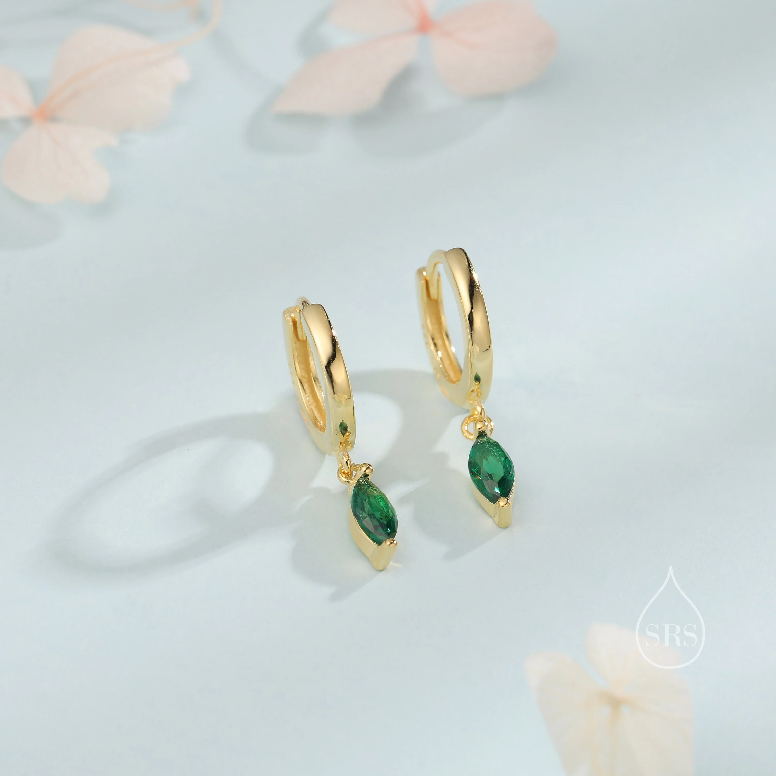 Extra Tiny Marquise CZ Huggie Hoop Earrings in Sterling Silver, Silver or Gold, 6 Colour Options, Green, Blue, Pink, Purple or Clear CZ - Image 3