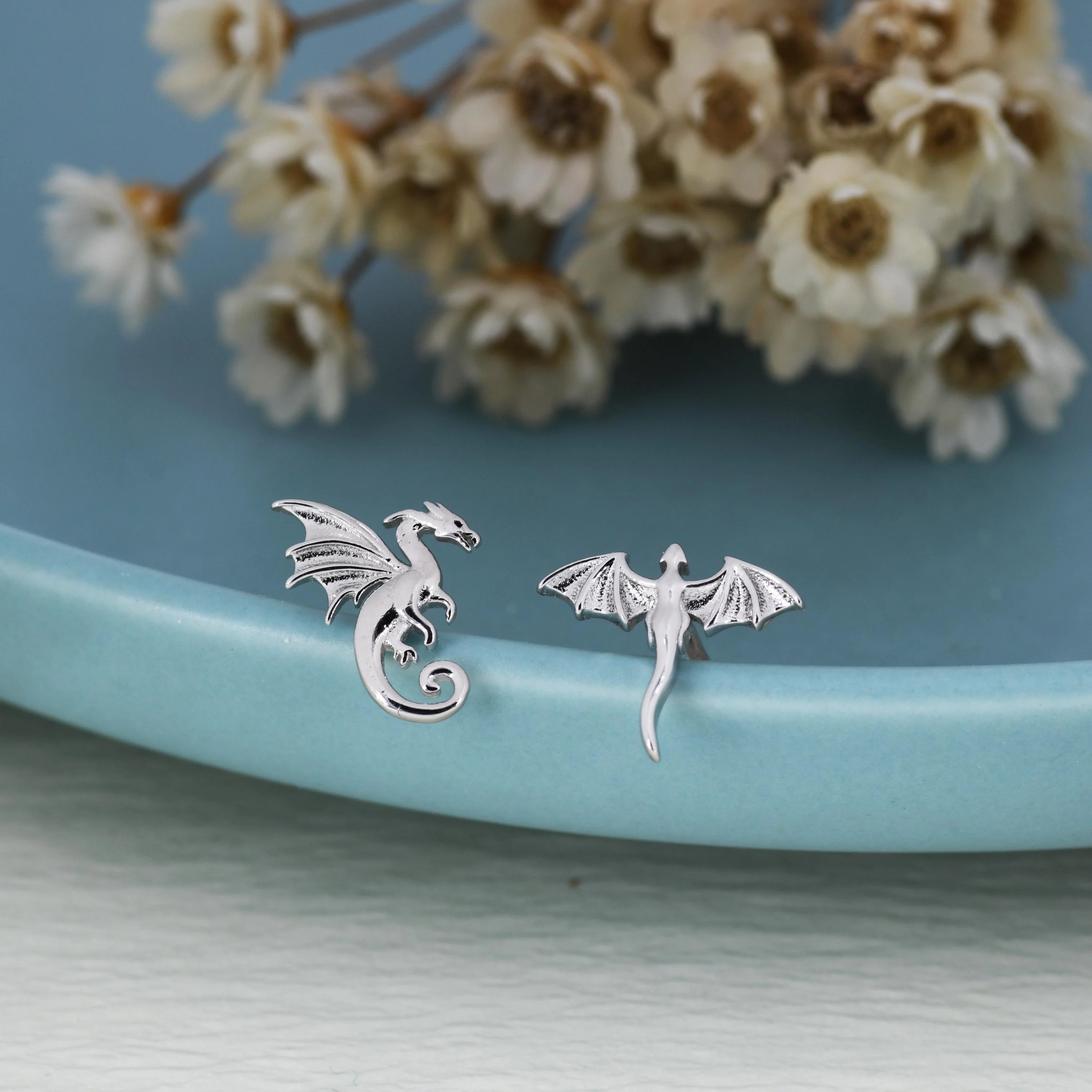 Extra Tiny Mismatched Dragon Stud Earrings in Sterling Silver, Silver or Gold or Rose Gold, Asymmetric Dragon Stud Earrings - Image 4