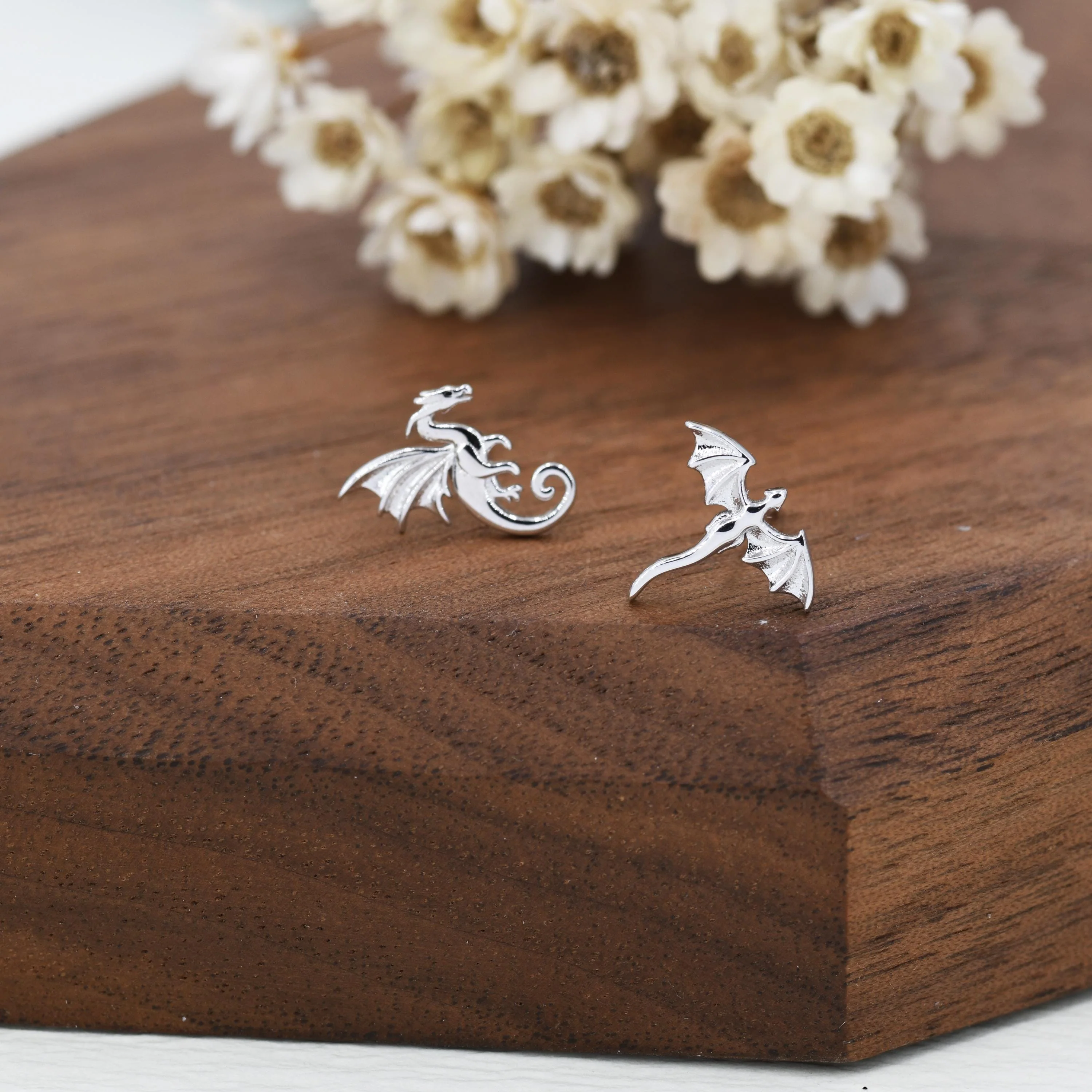 Extra Tiny Mismatched Dragon Stud Earrings in Sterling Silver, Silver or Gold or Rose Gold, Asymmetric Dragon Stud Earrings - Image 5