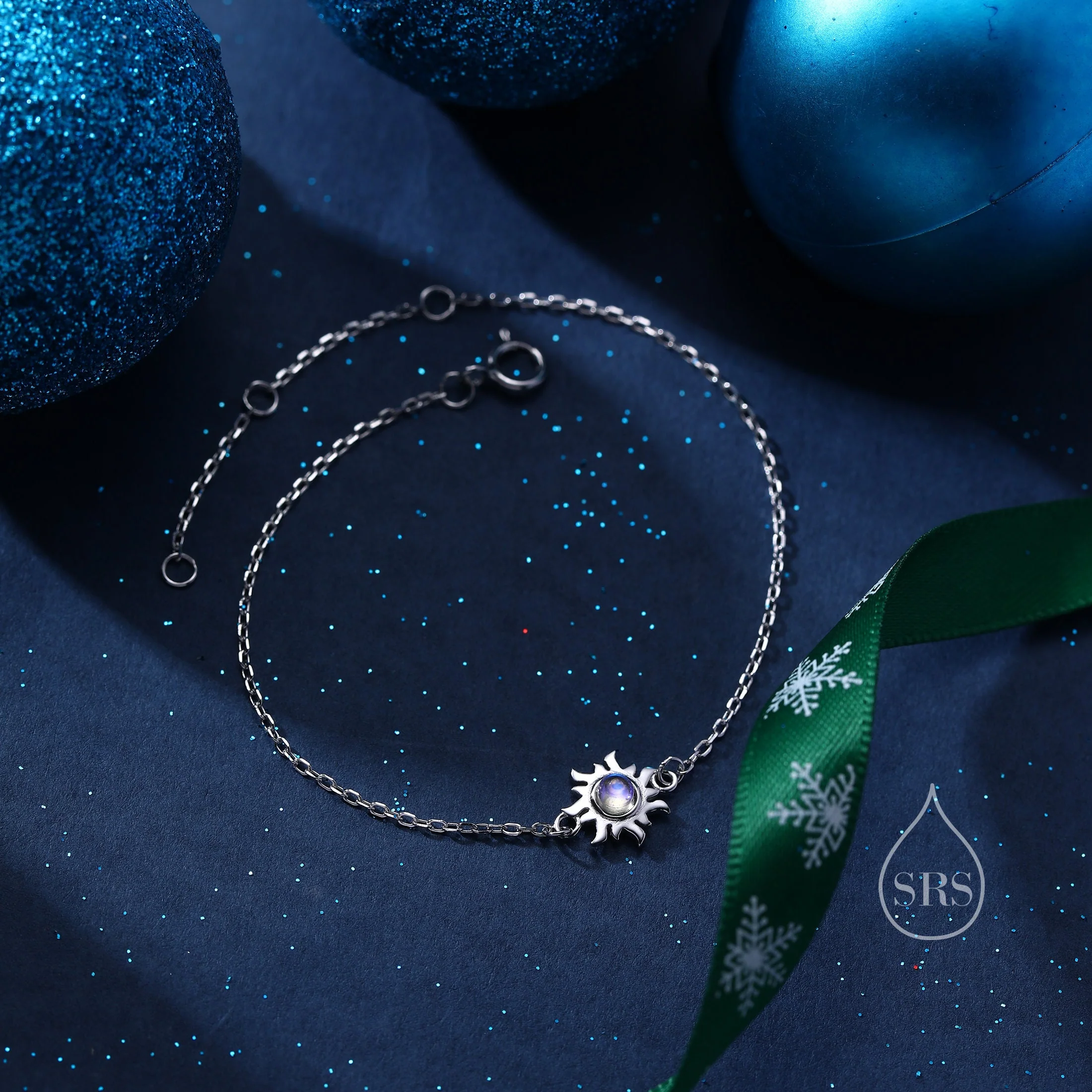 Extra Tiny Moonstone Sun Bracelet in Sterling Silver, Silver or Gold, Simulated Moonstone, Small Sun Bracelet, Silver Celestial Bracelet - Image 2
