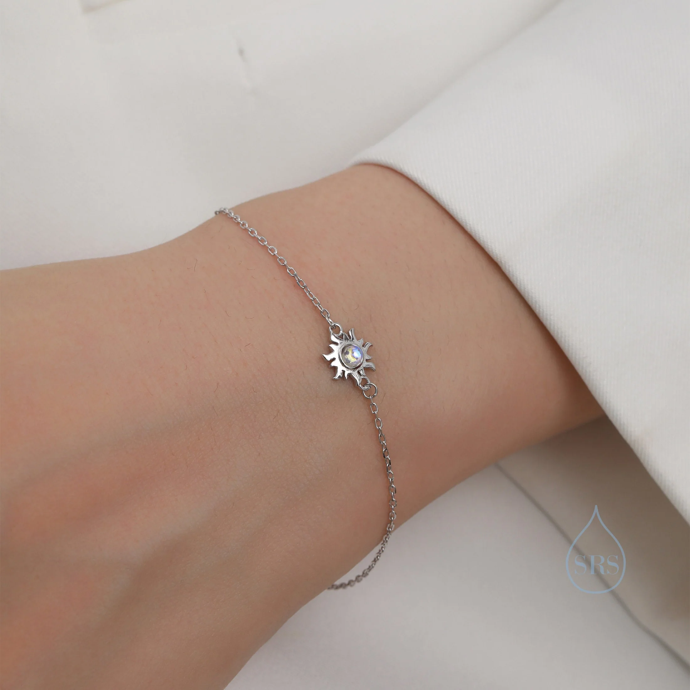 Extra Tiny Moonstone Sun Bracelet in Sterling Silver, Silver or Gold, Simulated Moonstone, Small Sun Bracelet, Silver Celestial Bracelet - Image 6