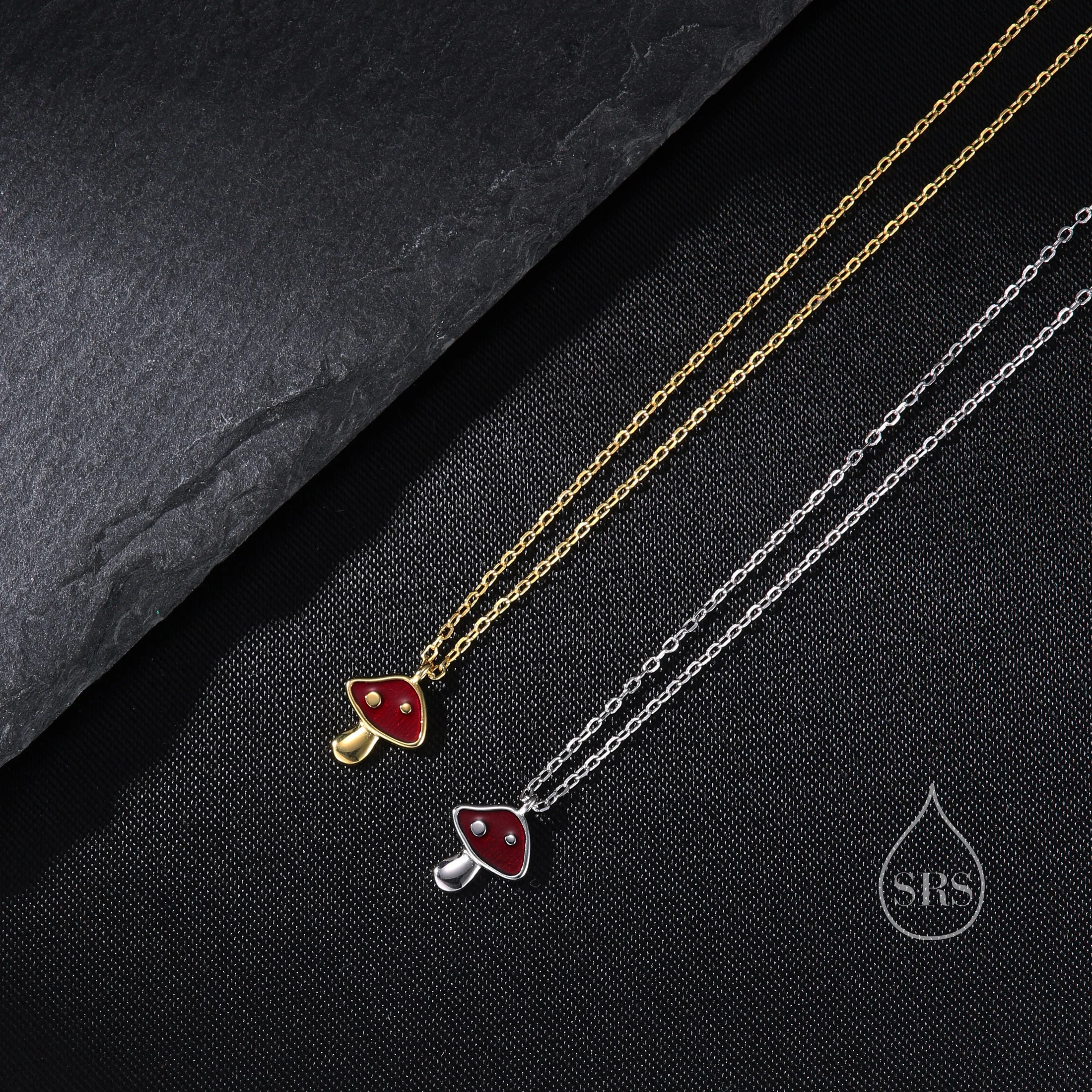 Extra Tiny Mushroom Pendant Necklace in Sterling Silver, Silver or Gold, Mushroom Necklace, Red Enamel Mushroom Necklace, Toadstool Necklace - Image 4