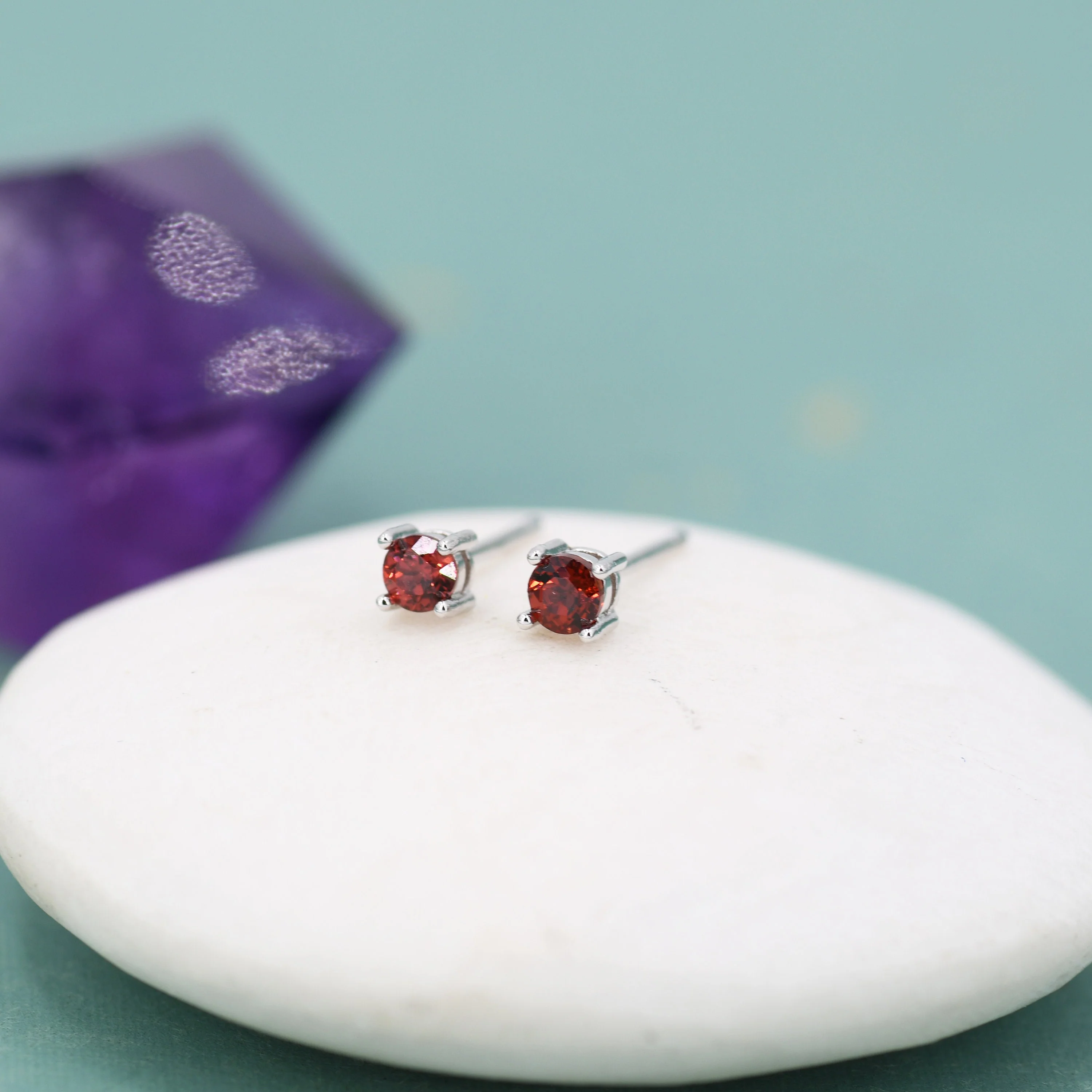 Extra Tiny Natural Garnet Stud Earrings in Sterling Silver, 4 Prong Set, Genuine Garnet Gemstone Stud, Minimalist Style, January Birthstone - Image 2
