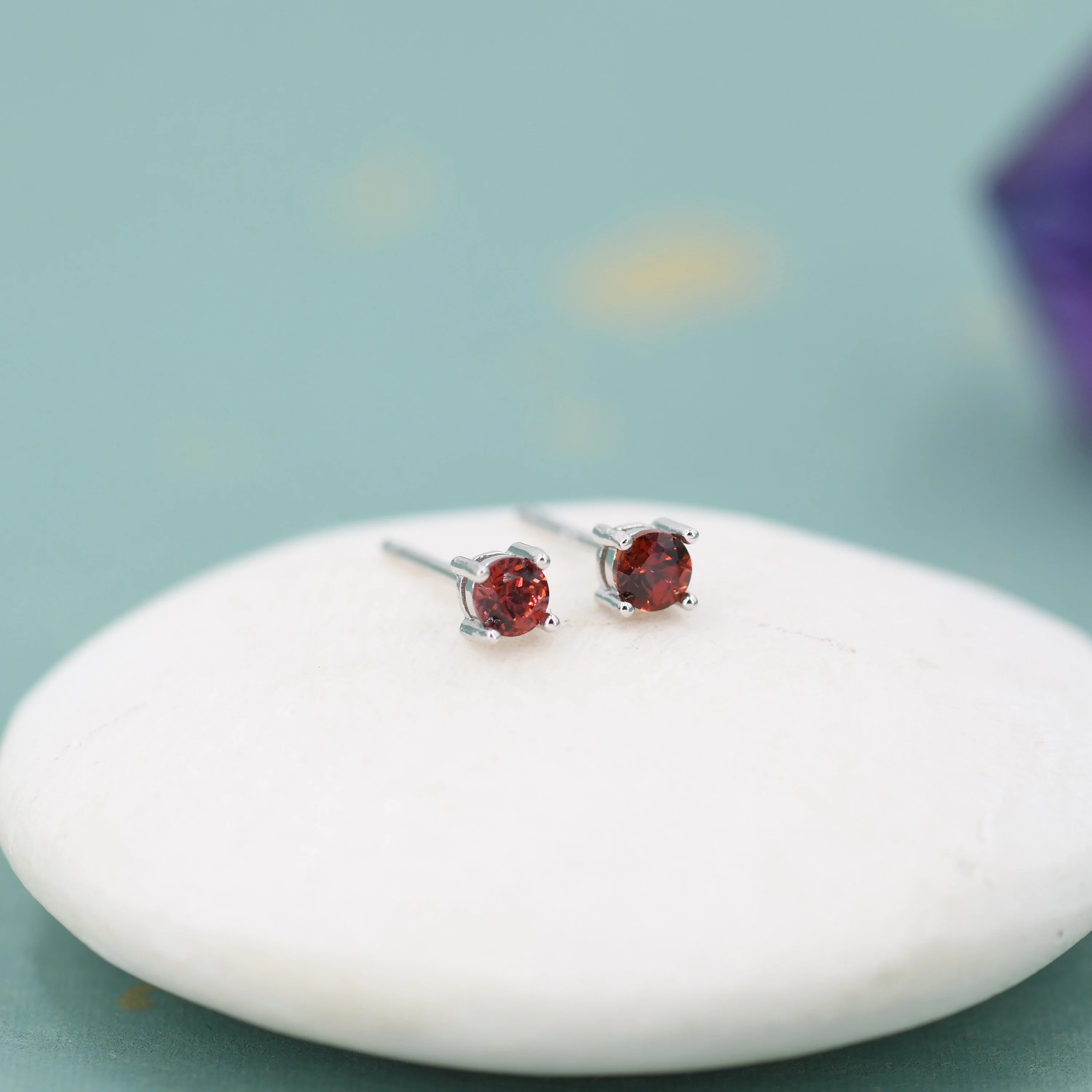 Extra Tiny Natural Garnet Stud Earrings in Sterling Silver, 4 Prong Set, Genuine Garnet Gemstone Stud, Minimalist Style, January Birthstone - Image 3