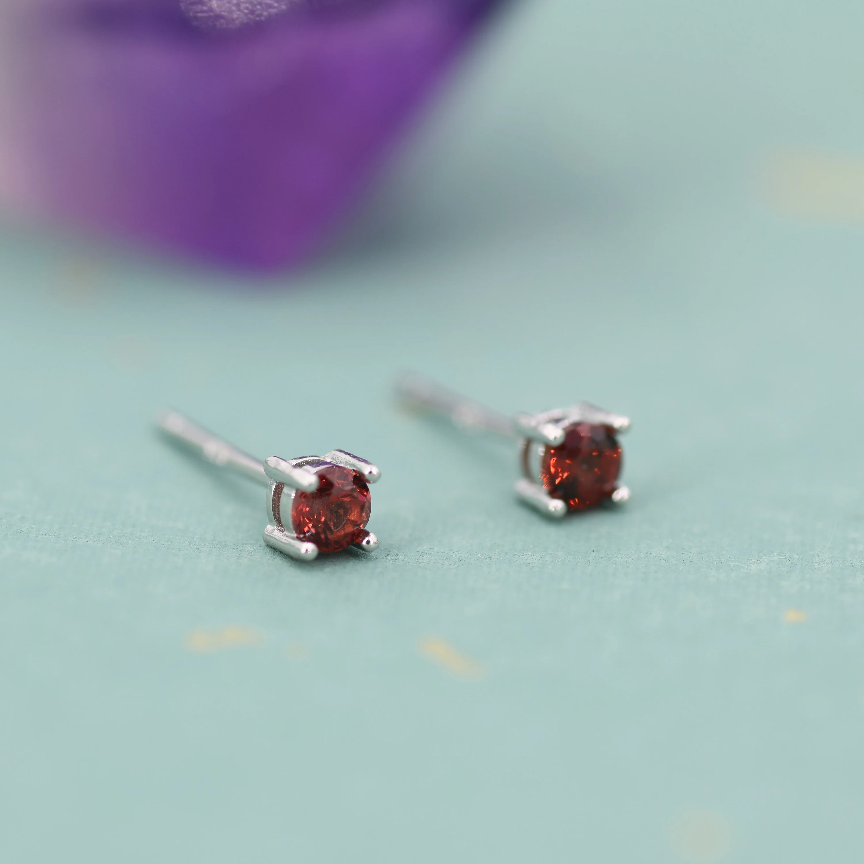 Extra Tiny Natural Garnet Stud Earrings in Sterling Silver, 4 Prong Set, Genuine Garnet Gemstone Stud, Minimalist Style, January Birthstone - Image 4