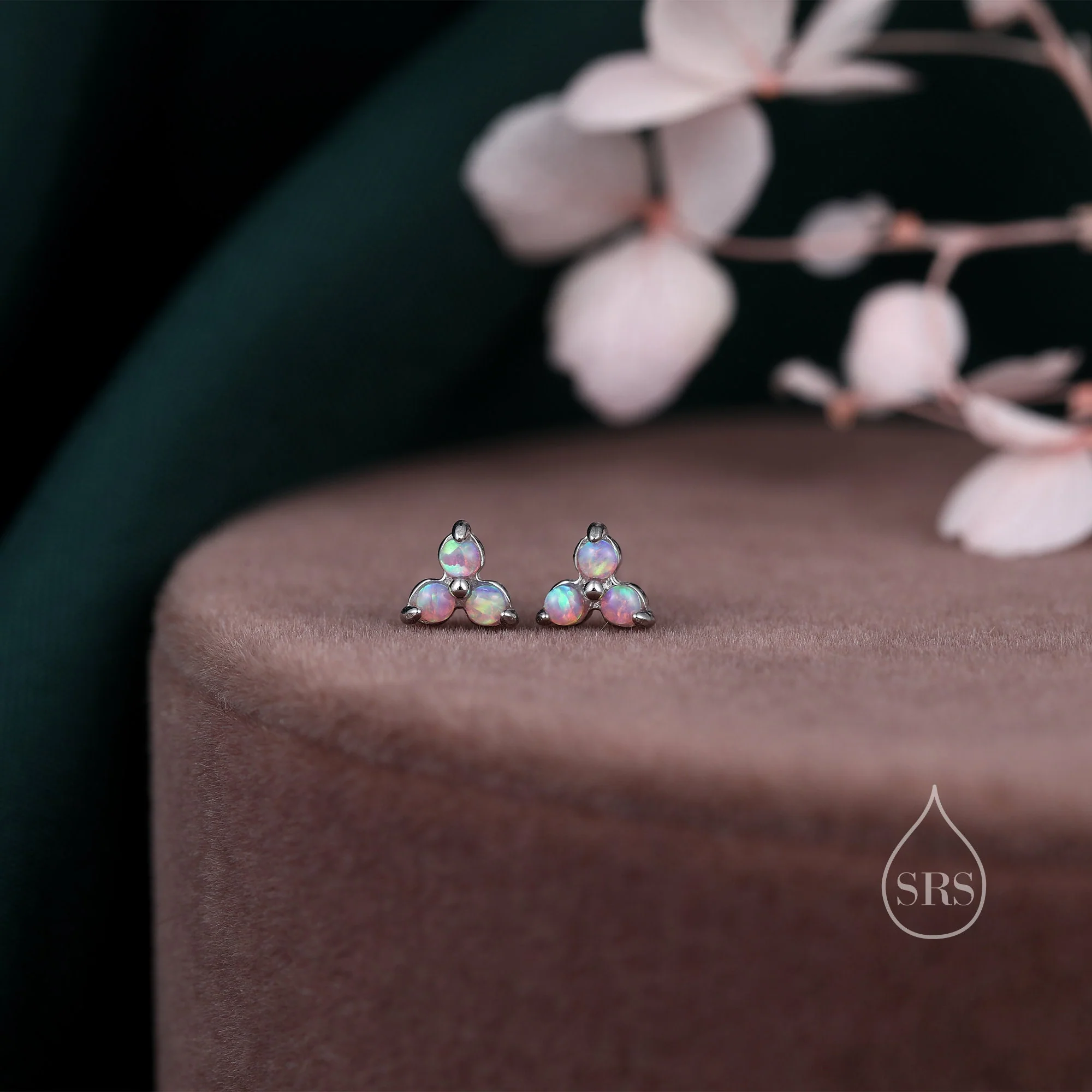Extra Tiny Opal Trio Stud Earrings in Sterling Silver, Silver or Gold, Three Opal Trinity Stud, Opal trefoil Earrings - Image 4