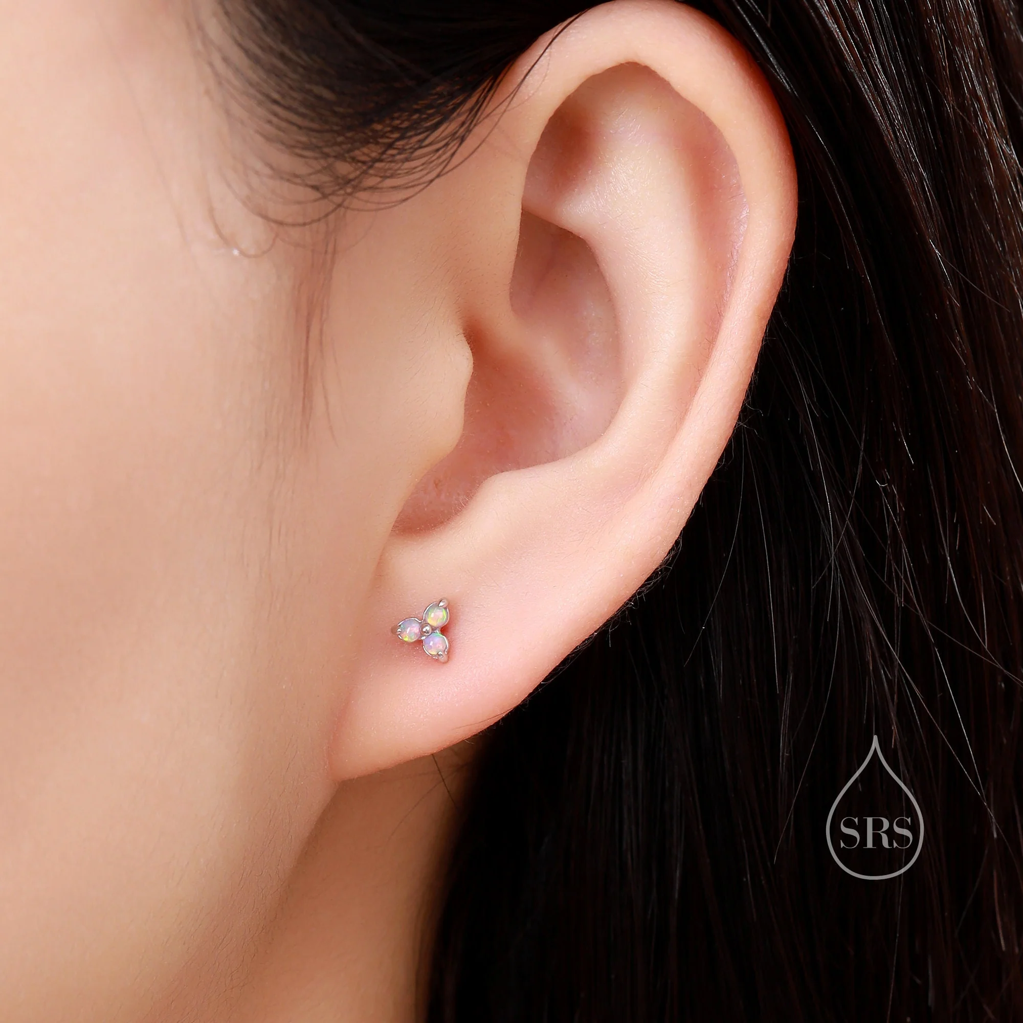 Extra Tiny Opal Trio Stud Earrings in Sterling Silver, Silver or Gold, Three Opal Trinity Stud, Opal trefoil Earrings - Image 7
