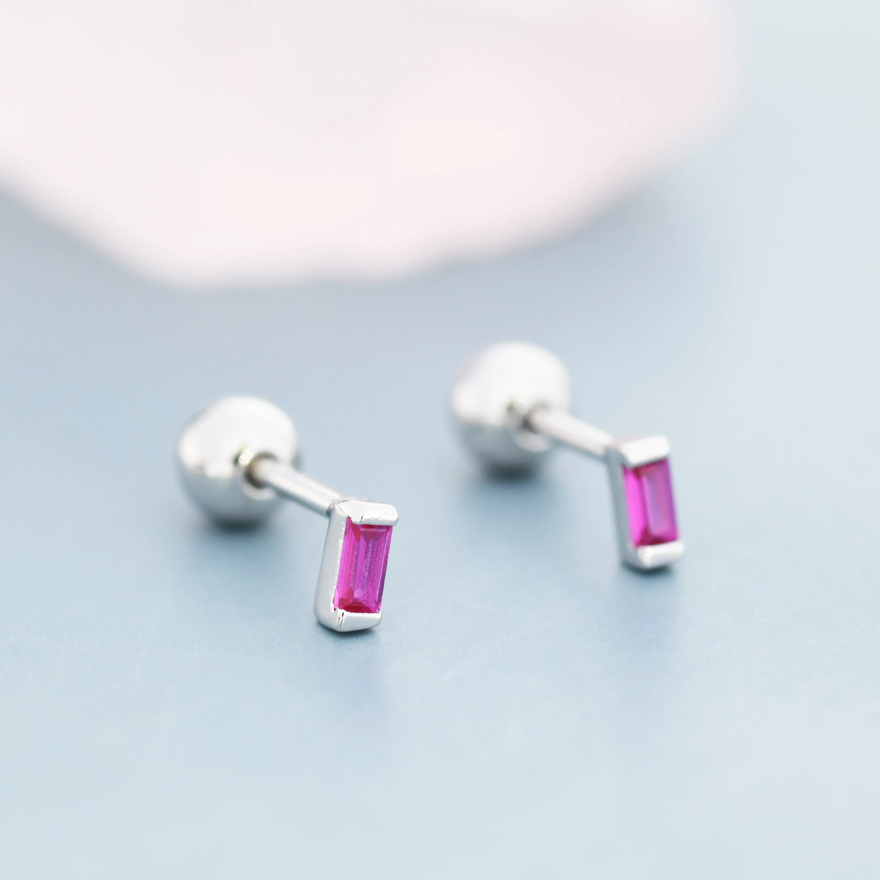 Extra Tiny Ruby Pink Baguette CZ Screw Back Earrings in Sterling Silver, Silver or Gold, Stacking Earrings, Barbell Earrings, Ruby Red