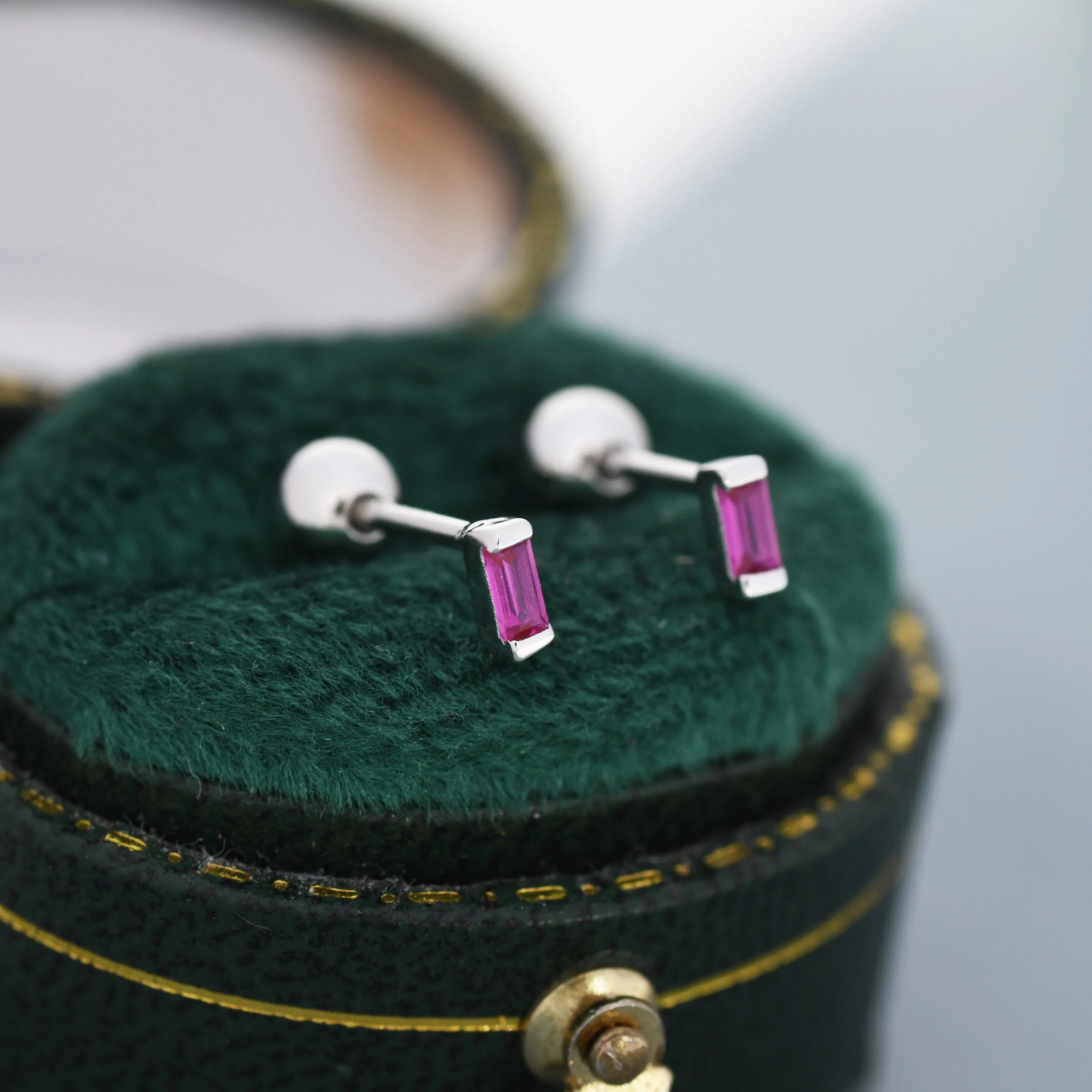 Extra Tiny Ruby Pink Baguette CZ Screw Back Earrings in Sterling Silver, Silver or Gold, Stacking Earrings, Barbell Earrings, Ruby Red - Image 5