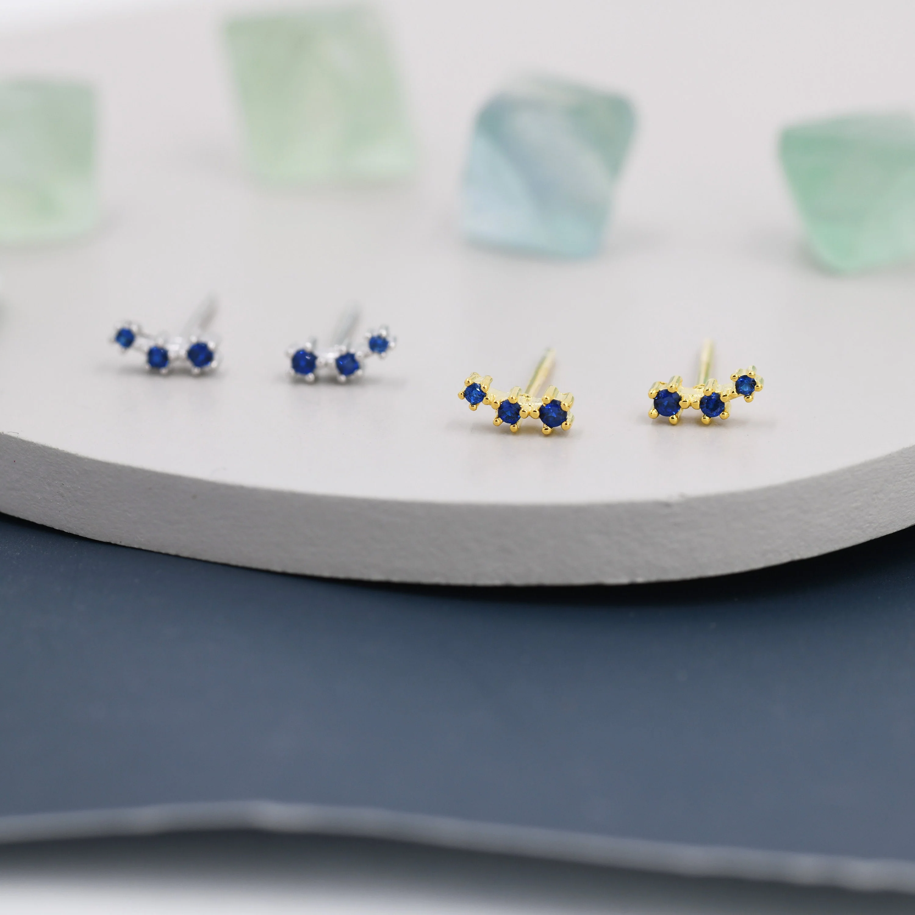 Extra Tiny Sapphire Blue CZ Trio Stud Earrings in Sterling Silver, Silver or Gold, Geometric Tiny Three Star CZ Earrings, Stacking Earrings - Image 5