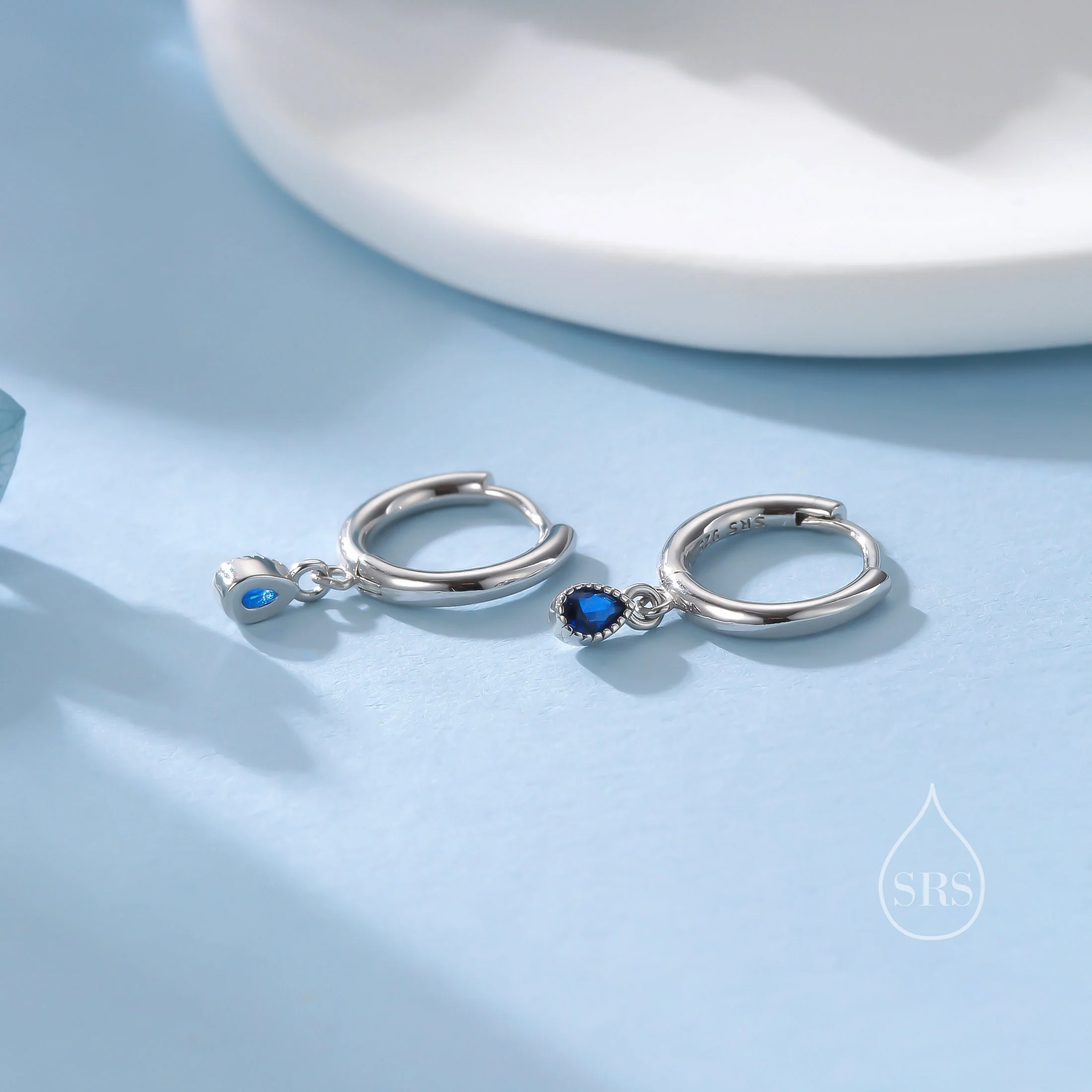 Extra Tiny Sapphire Blue Dotted Droplet CZ Huggie Hoop Earrings in Sterling Silver, Silver or Gold, Geometric Hoop Earrings, Vintage Style - Image 7