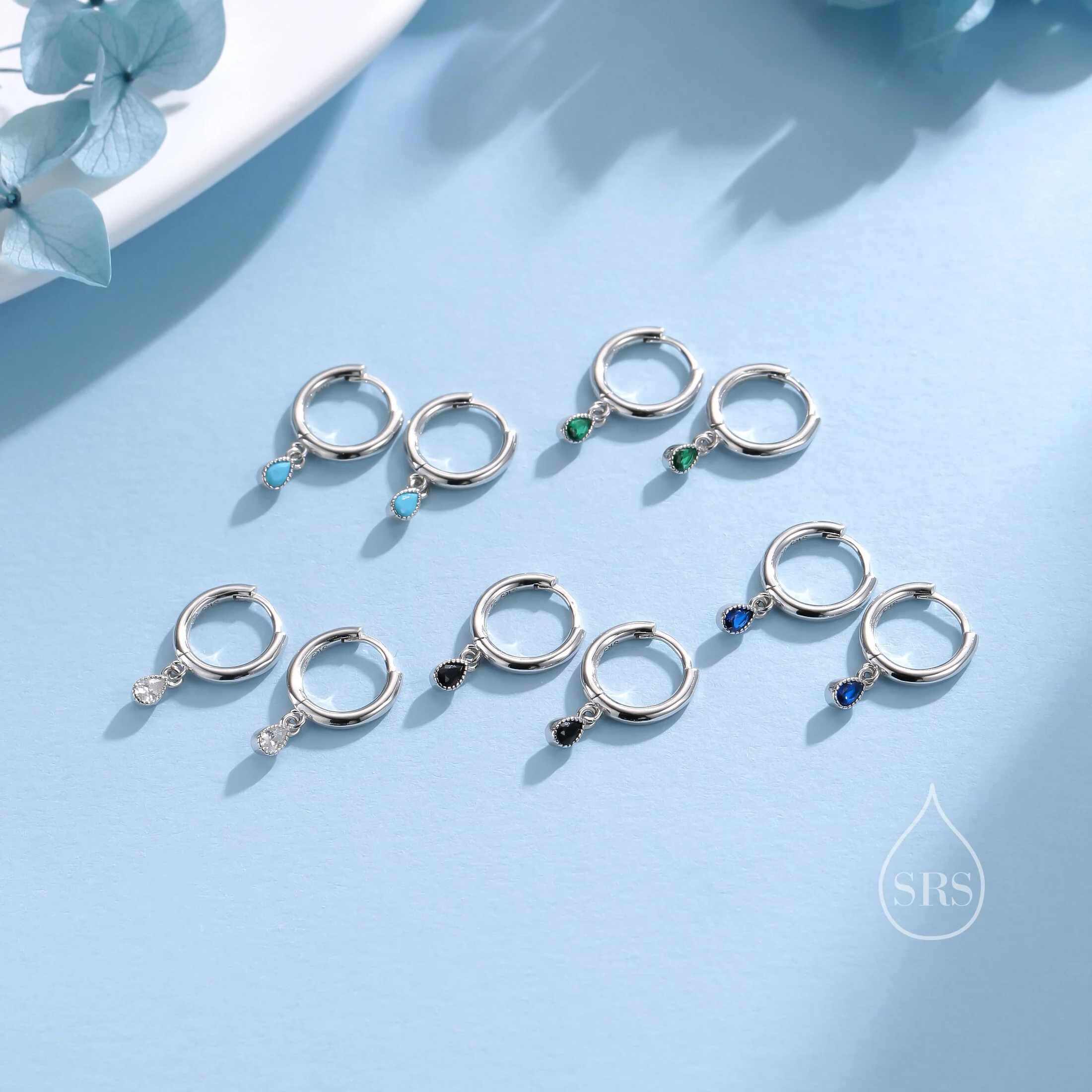 Extra Tiny Sapphire Blue Dotted Droplet CZ Huggie Hoop Earrings in Sterling Silver, Silver or Gold, Geometric Hoop Earrings, Vintage Style - Image 9