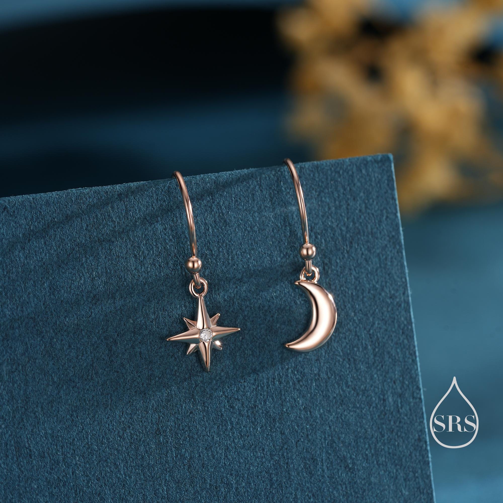 Extra Tiny Starburst and Moon Dangle Drop Hook Earrings in Sterling Silver, Silver, Gold or Rose Gold, Tiny Star Dangle Earrings - Image 4
