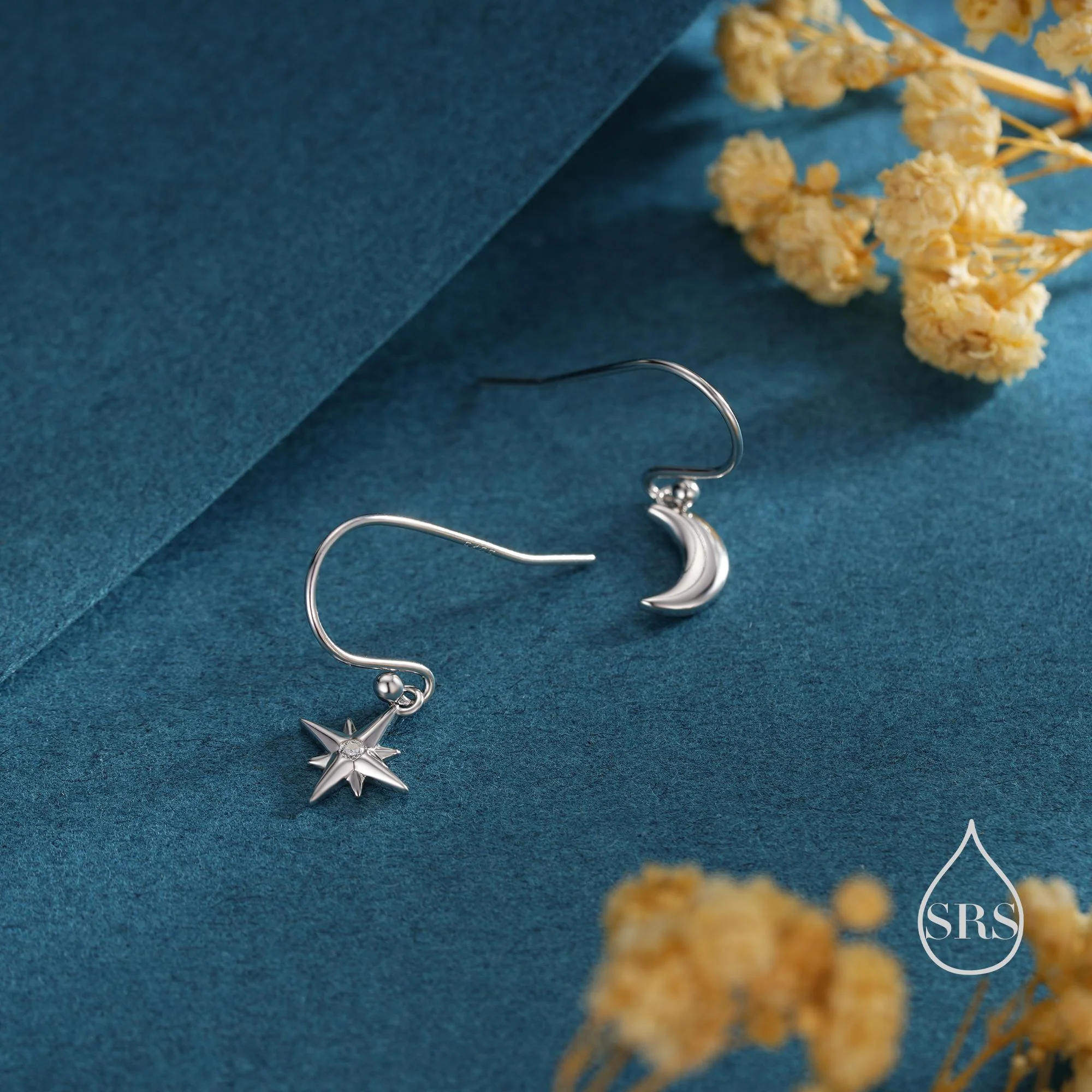 Extra Tiny Starburst and Moon Dangle Drop Hook Earrings in Sterling Silver, Silver, Gold or Rose Gold, Tiny Star Dangle Earrings - Image 6
