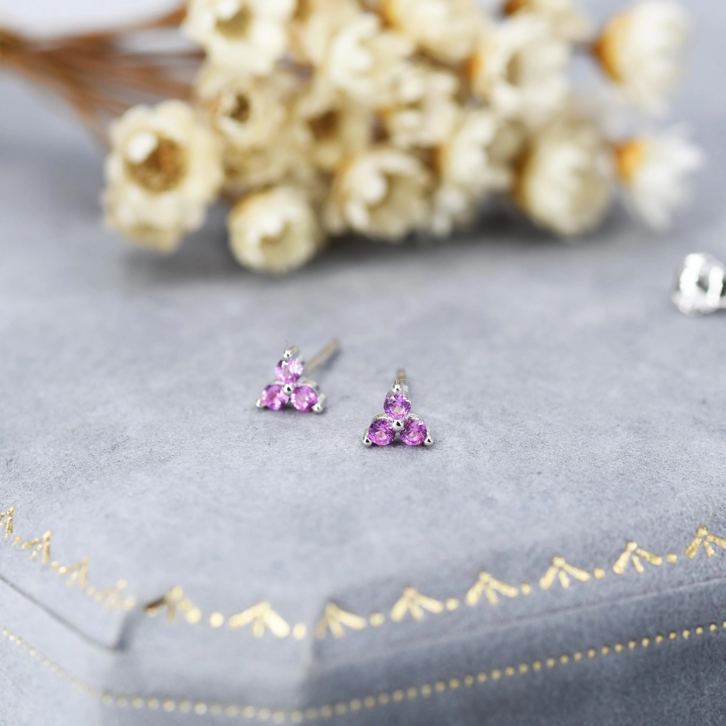 Extra Tiny Three Dot Pale Pink CZ Stud Earrings in Sterling Silver, Silver or Gold, Three Dot Trinity CZ Earrings - Image 3