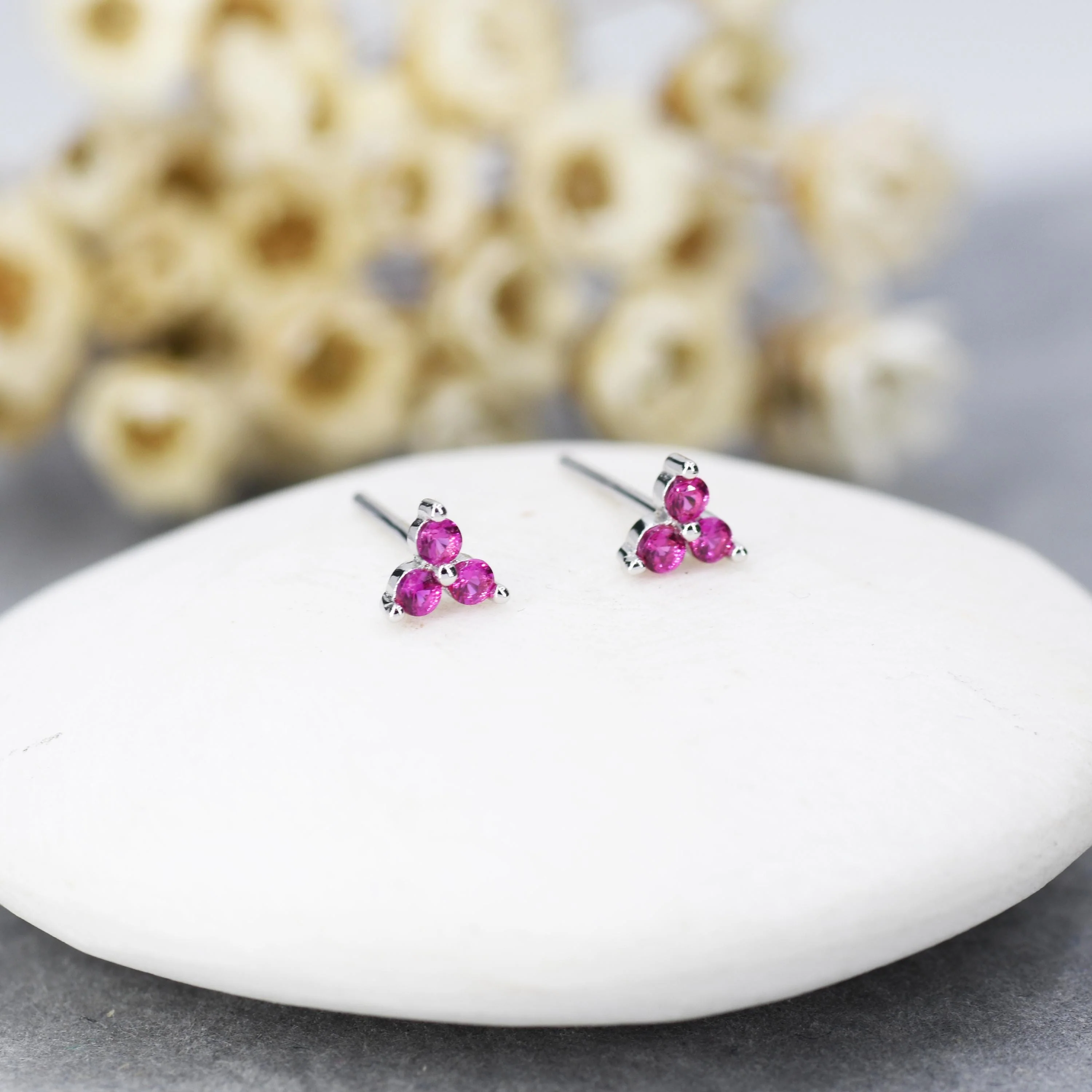 Extra Tiny Three Dot Ruby Pink CZ Stud Earrings in Sterling Silver, Silver or Gold, Three Dot Trinity Ruby Red Earrings - Image 2