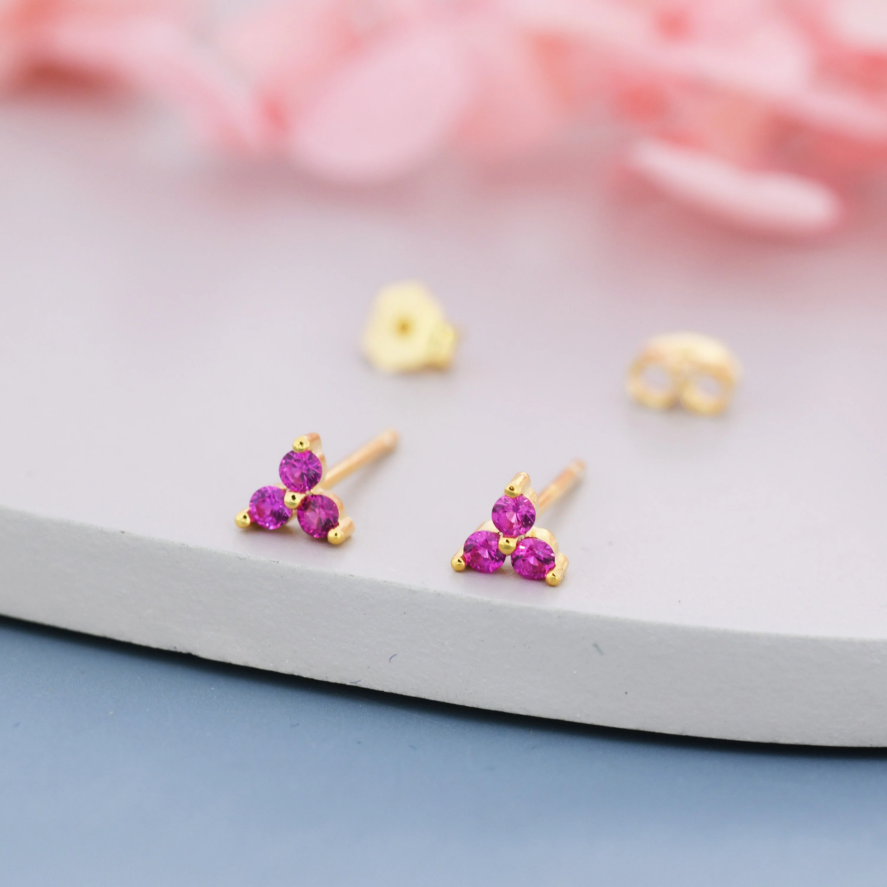 Extra Tiny Three Dot Ruby Pink CZ Stud Earrings in Sterling Silver, Silver or Gold, Three Dot Trinity Ruby Red Earrings - Image 3