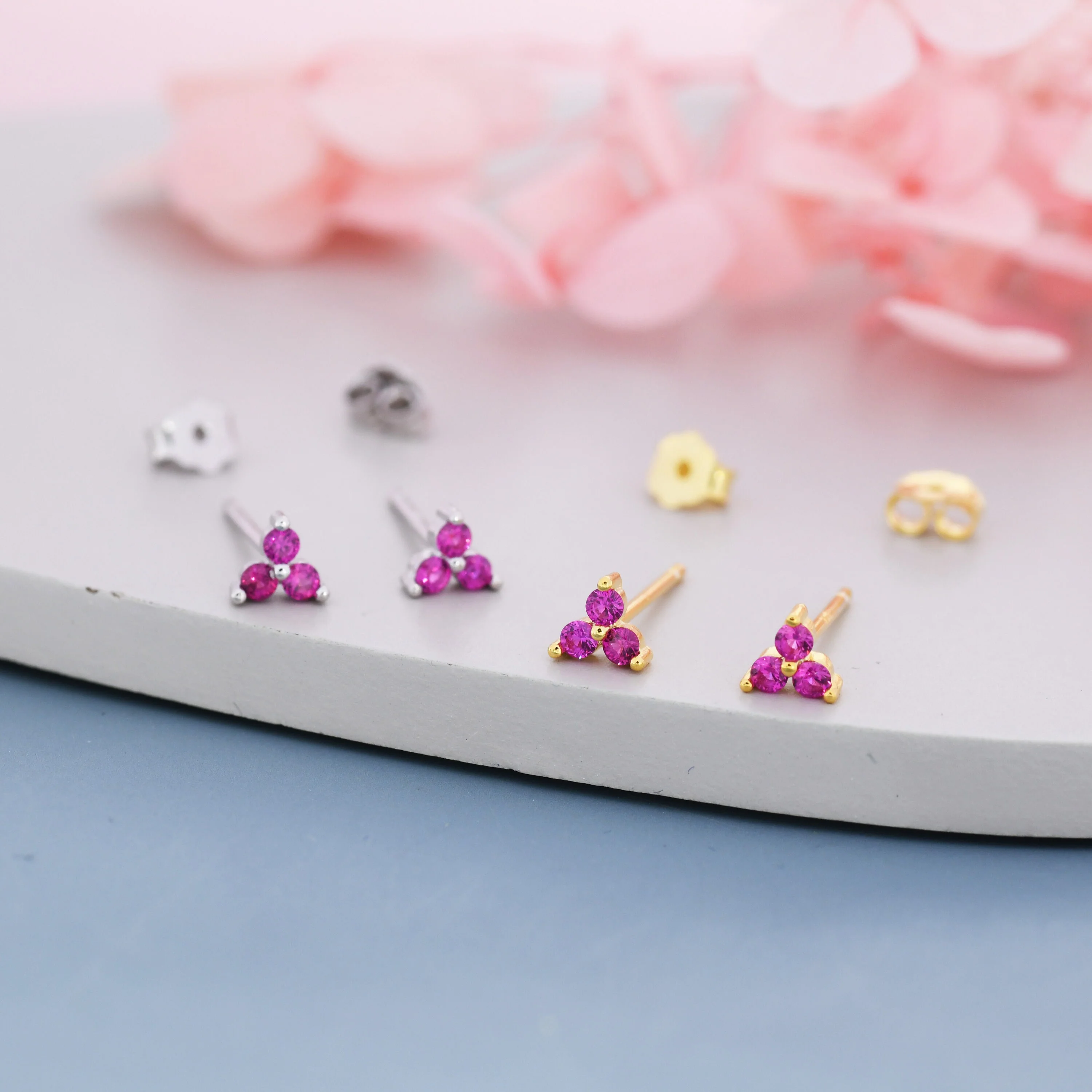 Extra Tiny Three Dot Ruby Pink CZ Stud Earrings in Sterling Silver, Silver or Gold, Three Dot Trinity Ruby Red Earrings - Image 4
