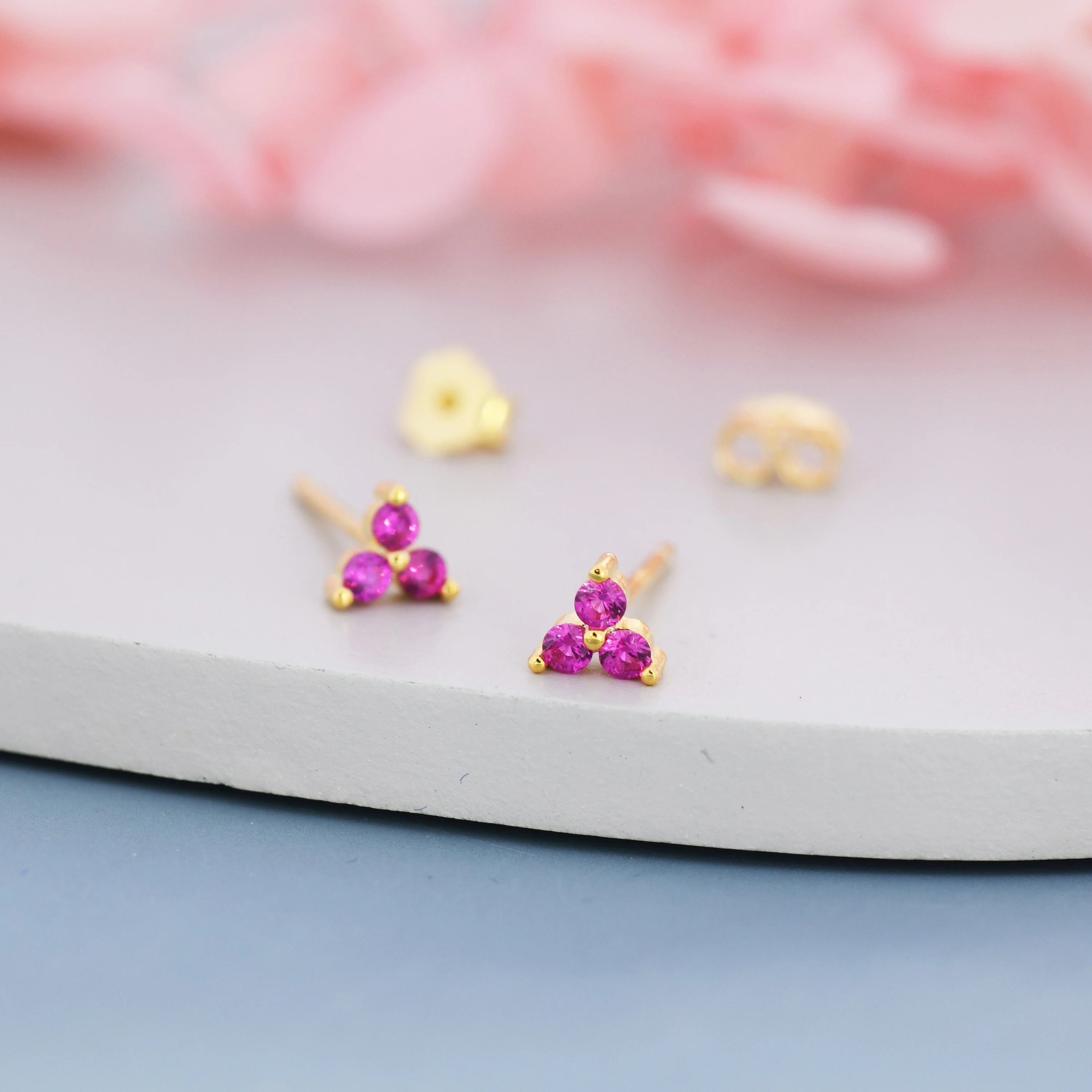 Extra Tiny Three Dot Ruby Pink CZ Stud Earrings in Sterling Silver, Silver or Gold, Three Dot Trinity Ruby Red Earrings - Image 5