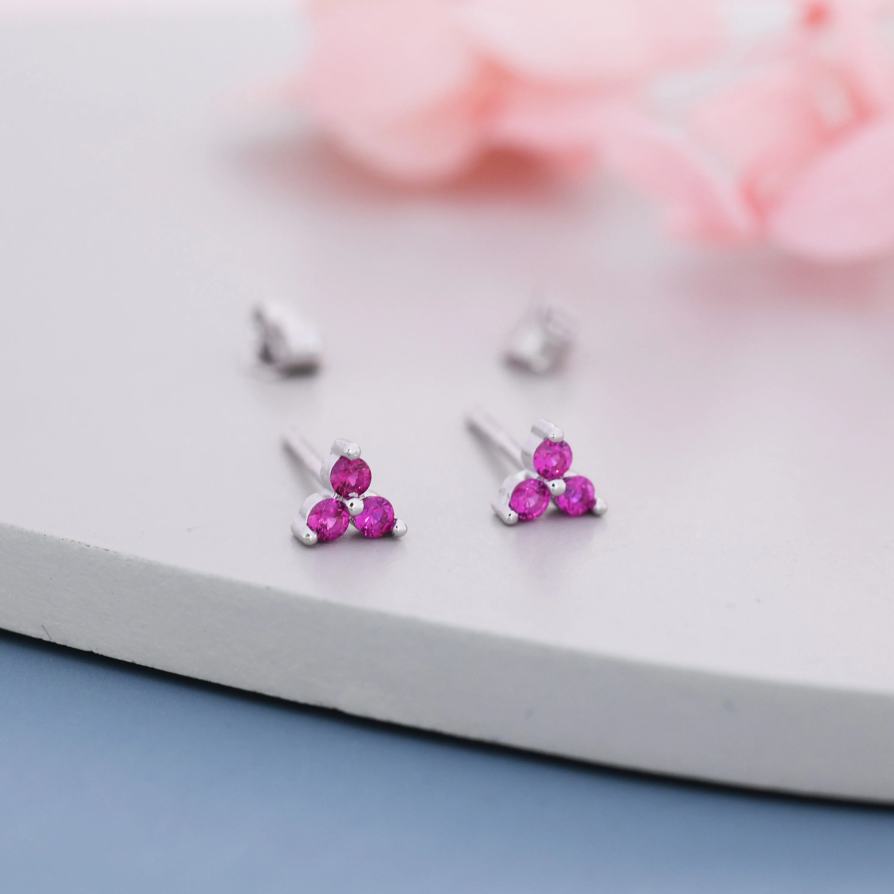 Extra Tiny Three Dot Ruby Pink CZ Stud Earrings in Sterling Silver, Silver or Gold, Three Dot Trinity Ruby Red Earrings - Image 7