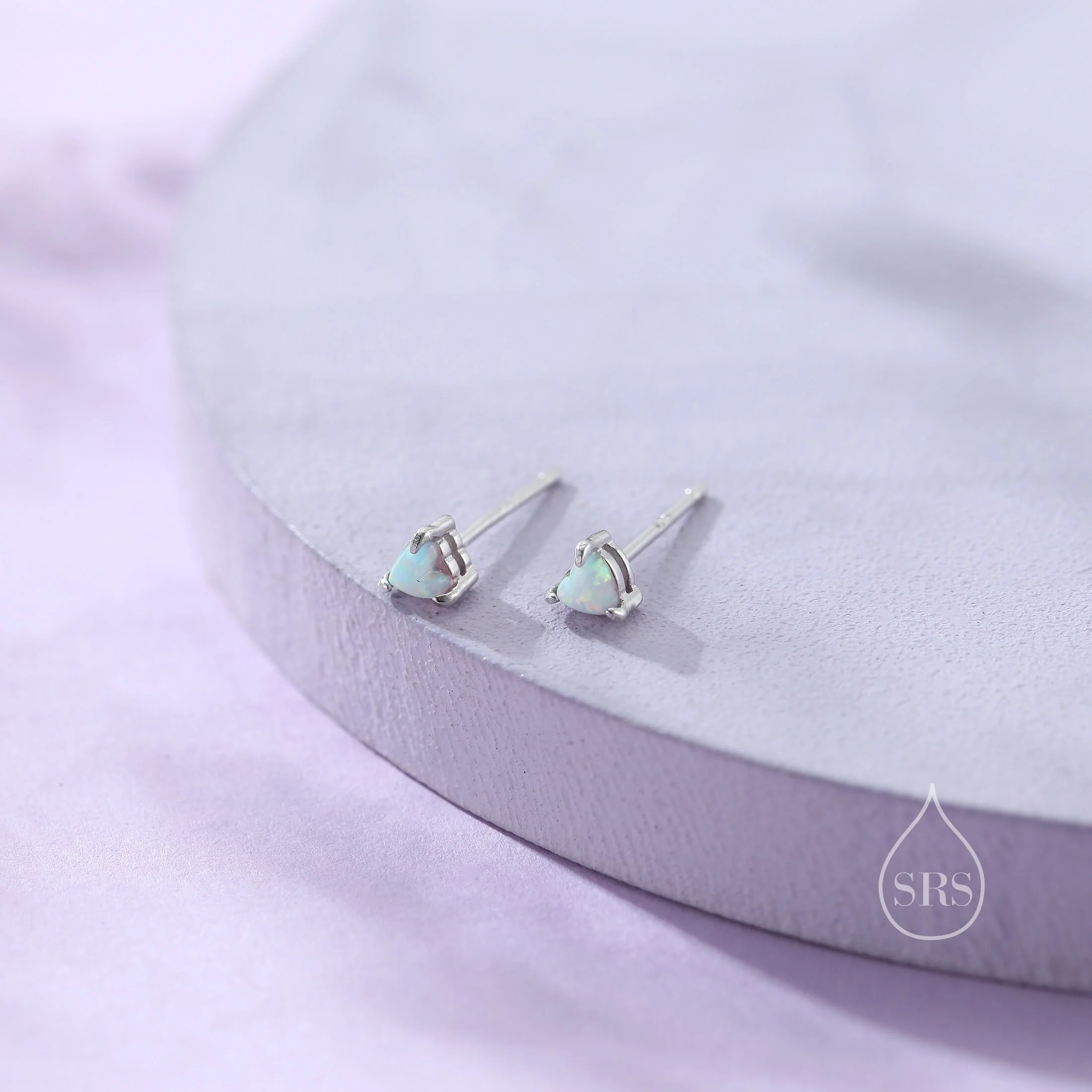 Extra Tiny White Opal Heart Stud Earrings in Sterling Silver - 3mm Fire Opal - Sustainable Lab Opal - Petite Stud Earrings - Image 7